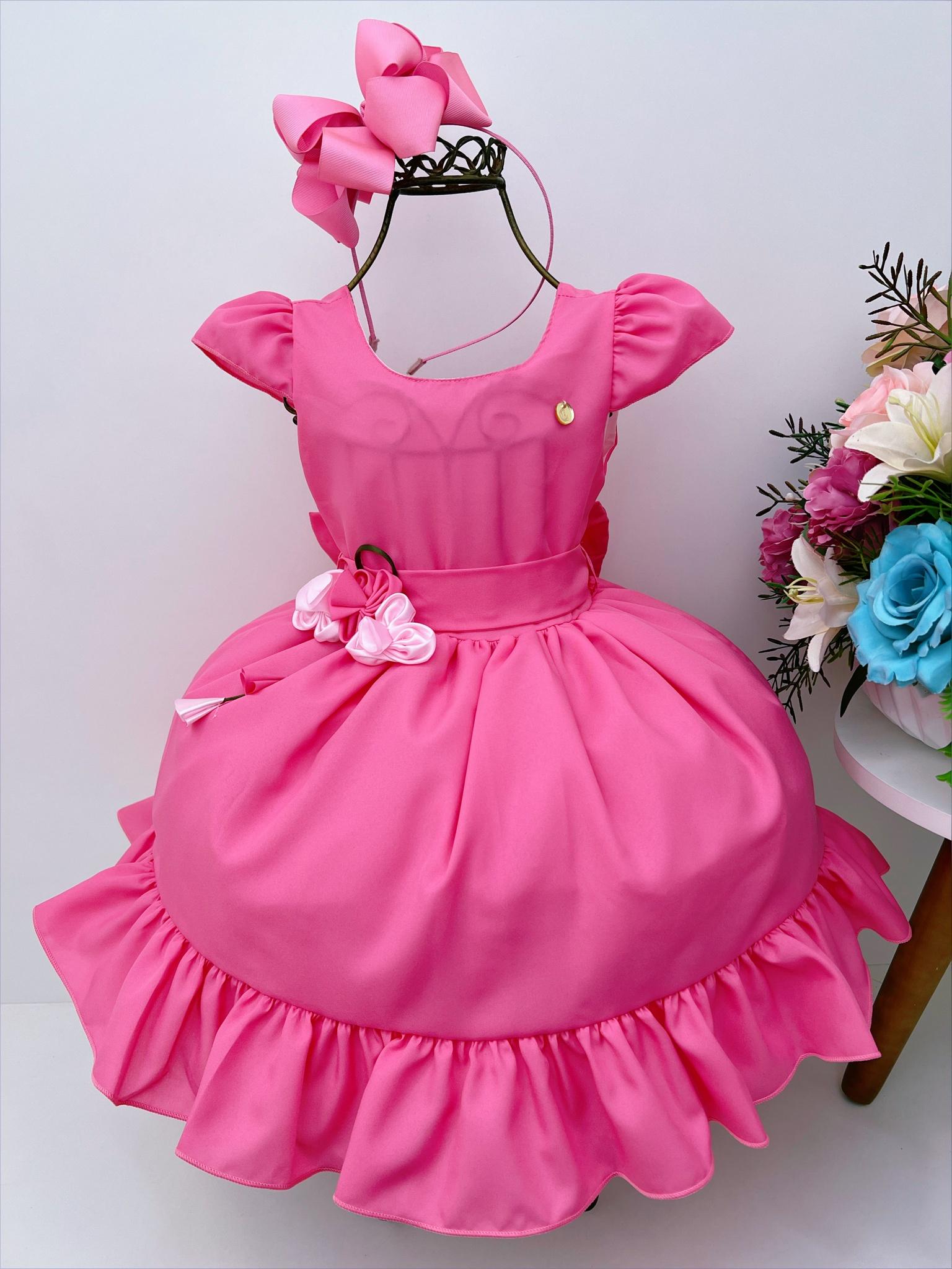 Vestido Infantil Rosa Chiclete C/ Broche de Flores Luxo