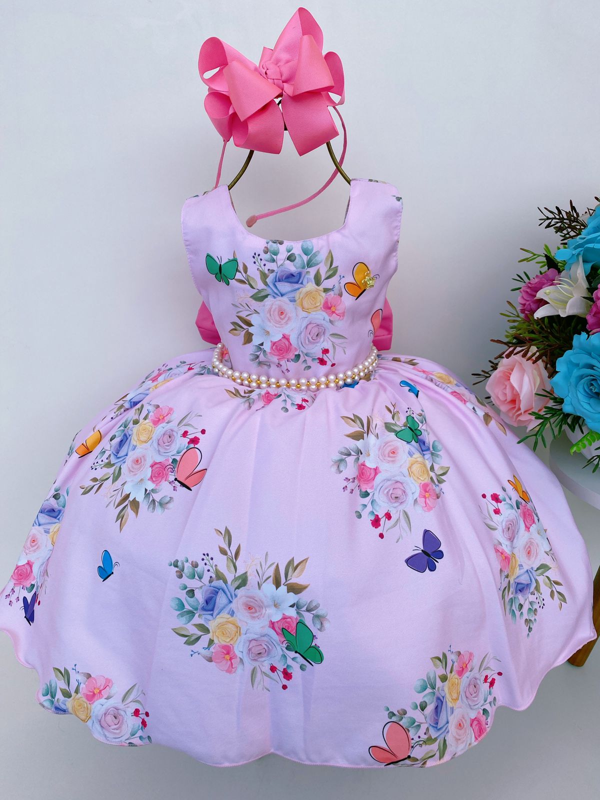 Vestido Infantil Rosa Claro Borboletas Flores Cinto Pérolas