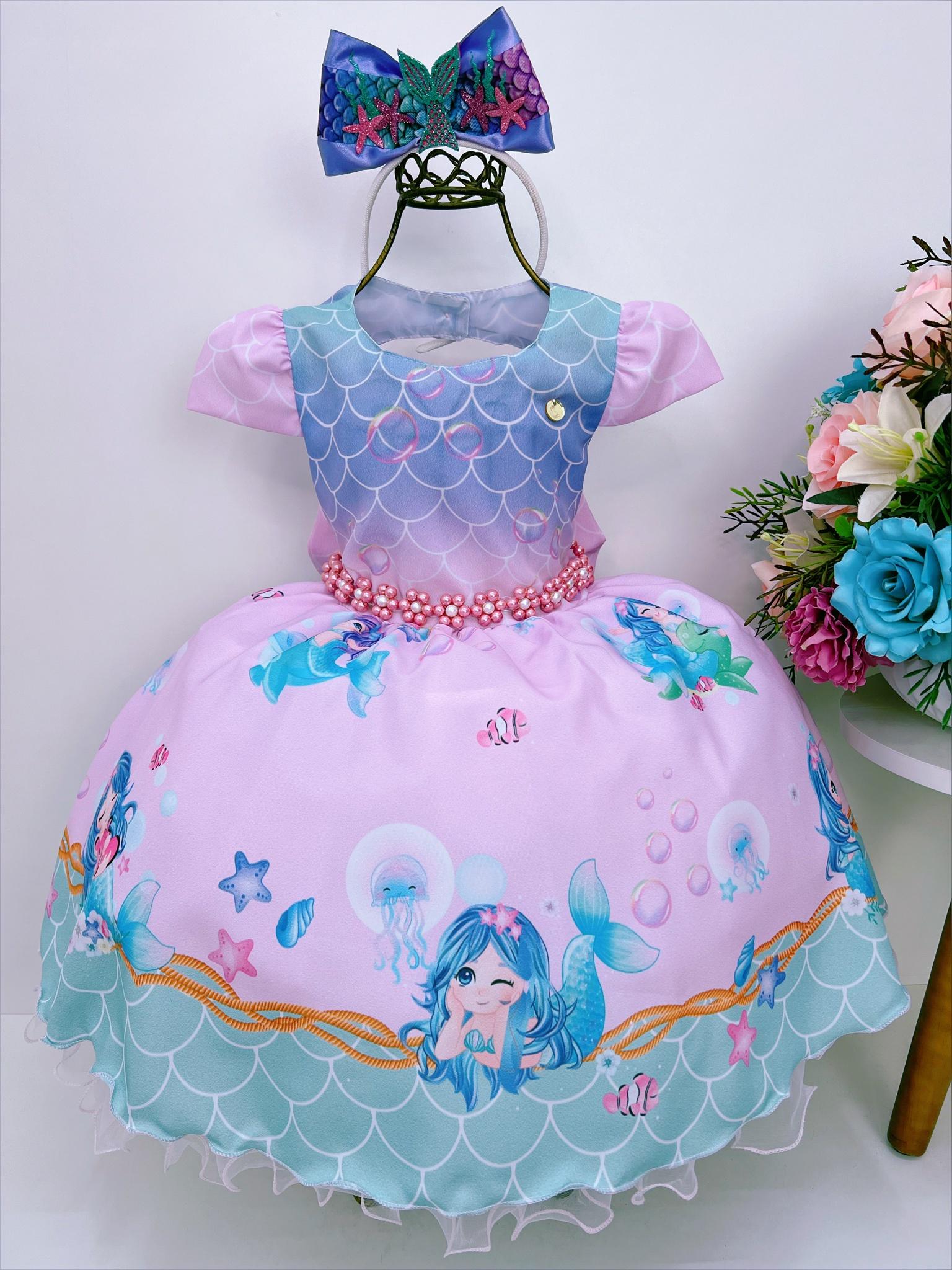 Vestido Infantil Rosa e Lilás Sereia Escamas e Cinto Pérolas Rosa Charmosa Atacado