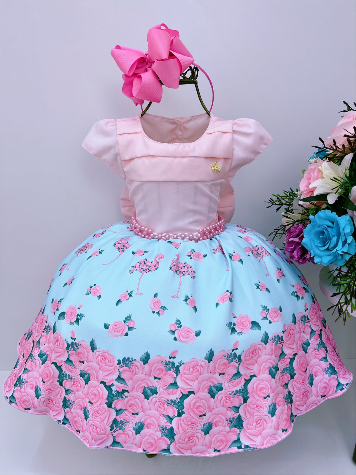 Vestido Infantil Rosa Florido Flamingo Com Cinto Pérolas