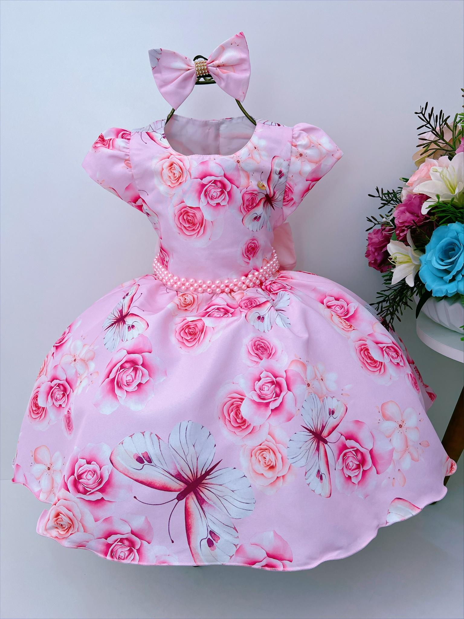 Vestido Infantil Rosa Jardim das Borboletas Pérolas Strass