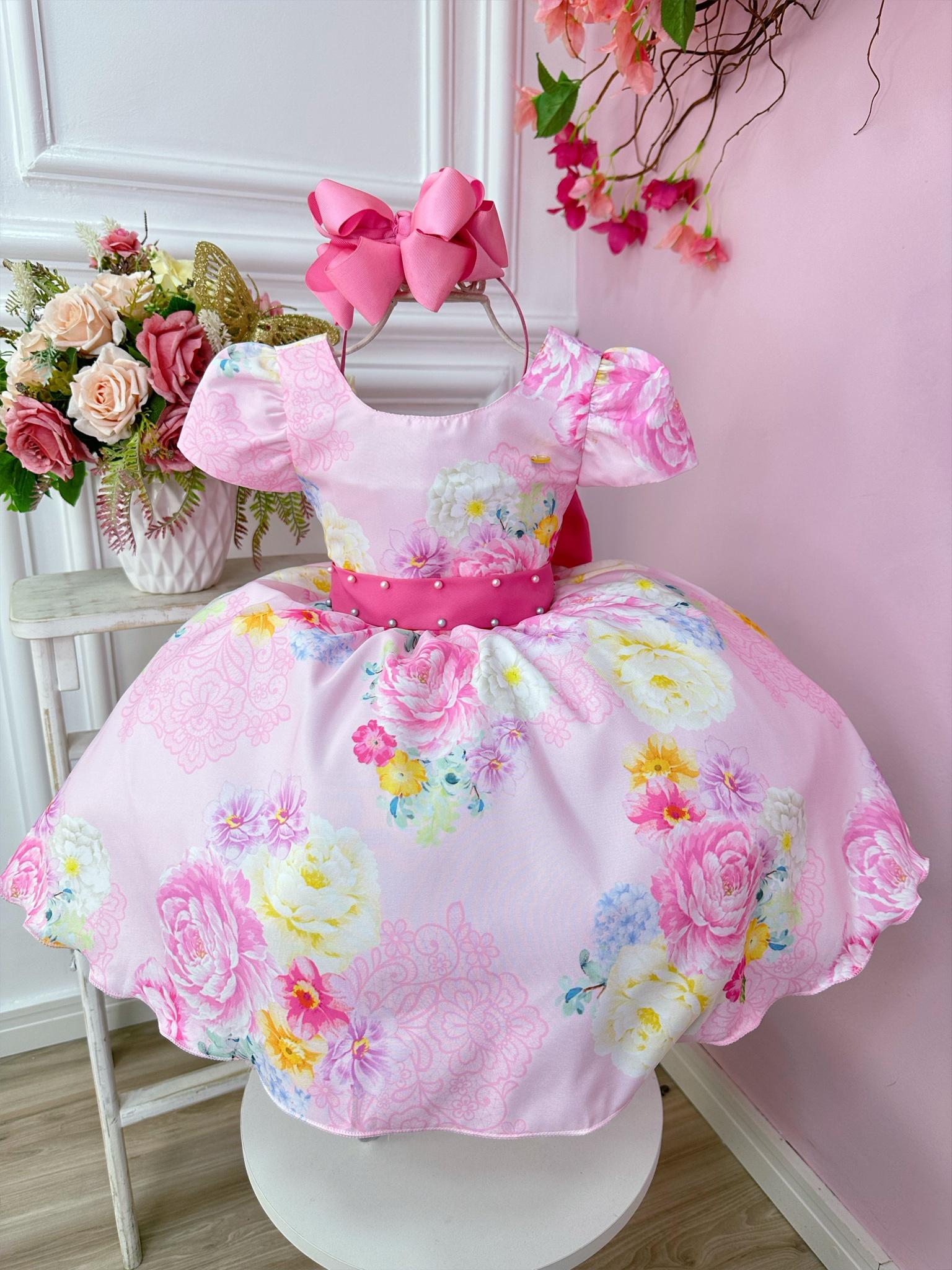Vestido Infantil Rosa Jardim das Flores Com Pérolas Festas
