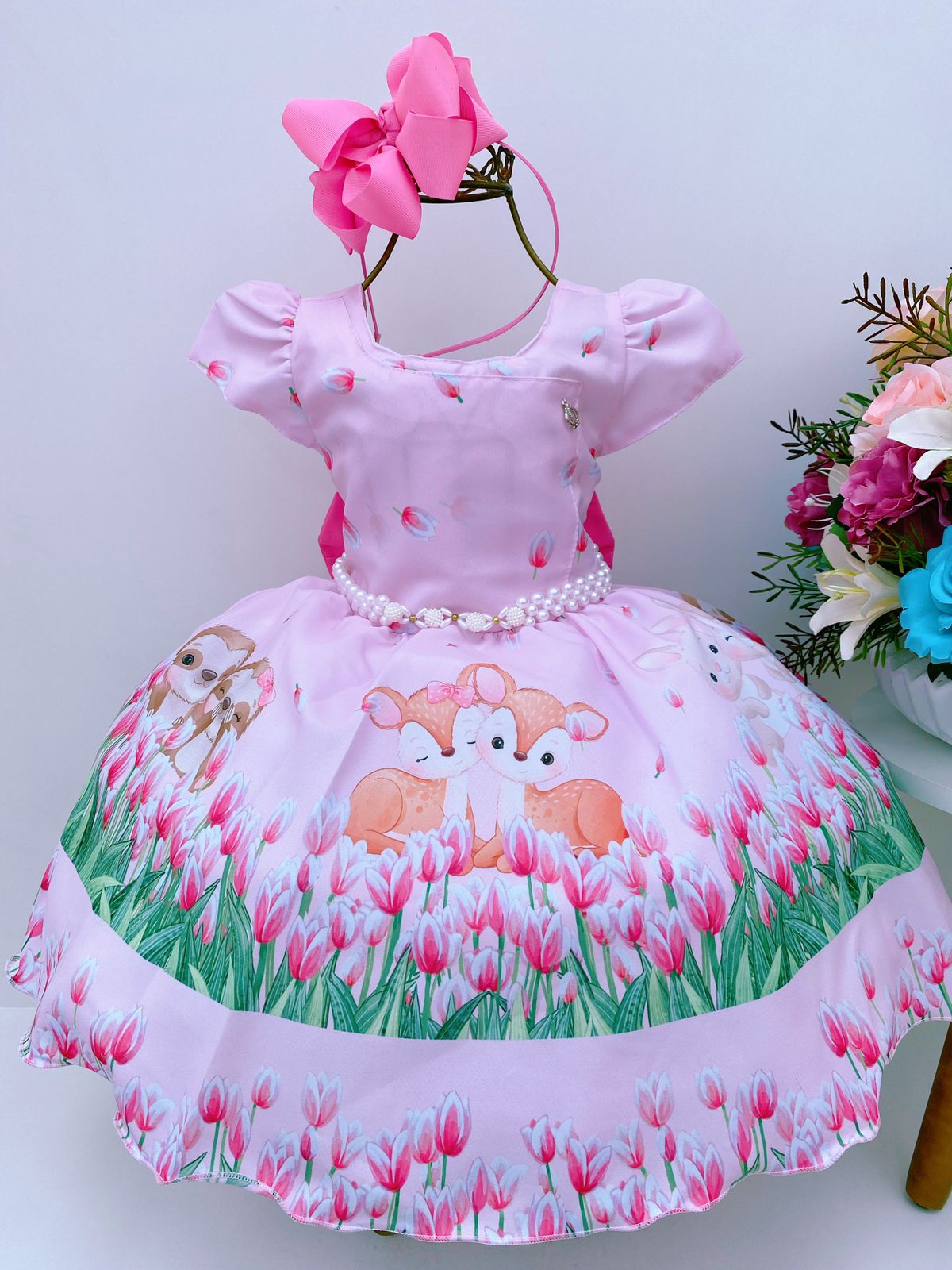 Vestido Infantil Rosa Jardim Flores Animais Cinto Pérolas