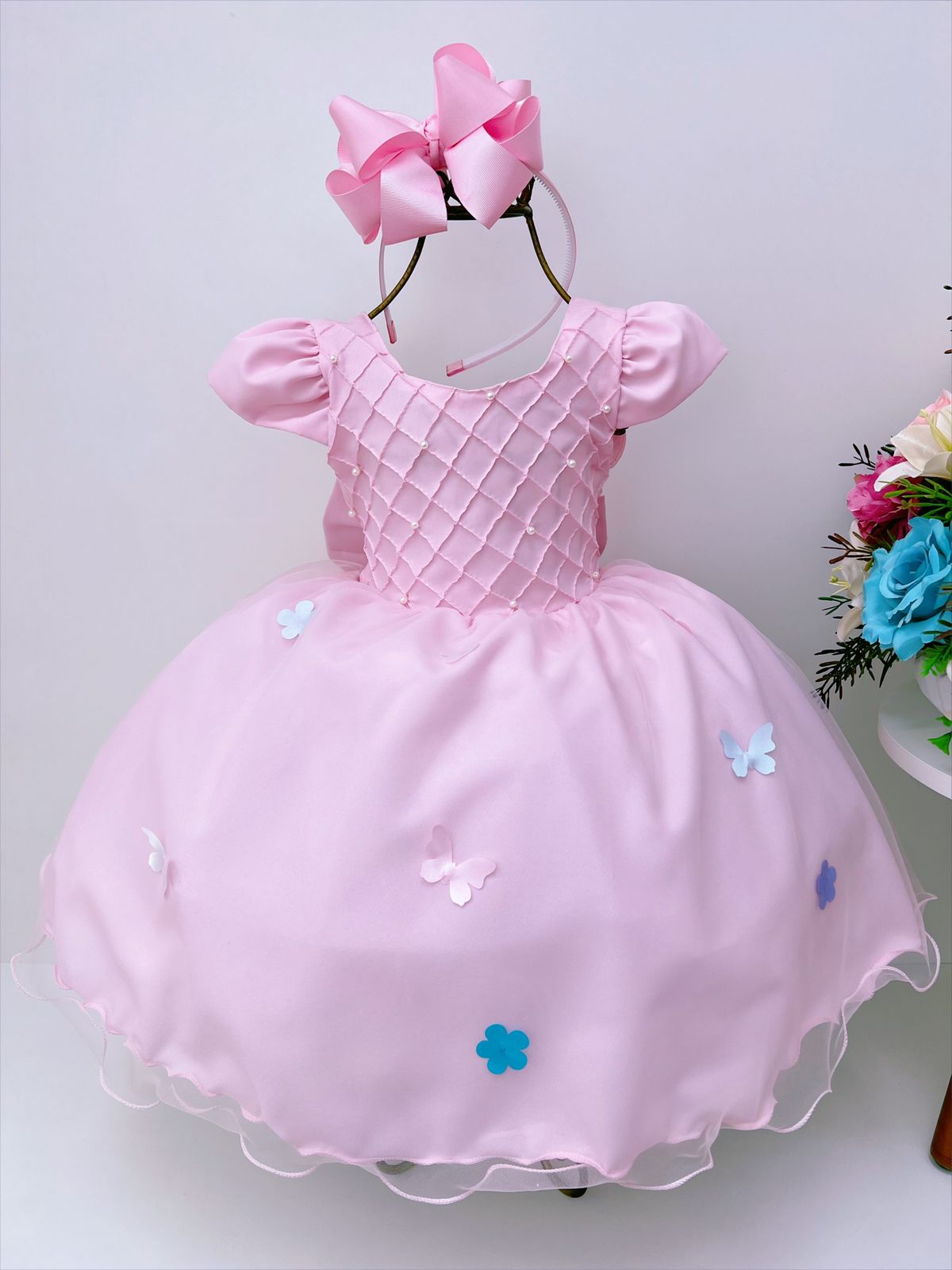 Vestido Infantil Rosa Peito Nervura Aplique Flor e Borboleta