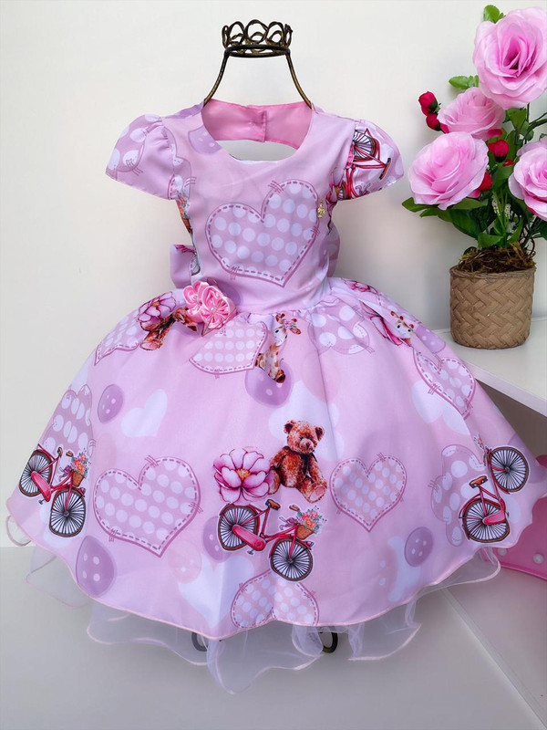 Vestido Infantil Rosa Princesas Corações e Bicicletas Flores