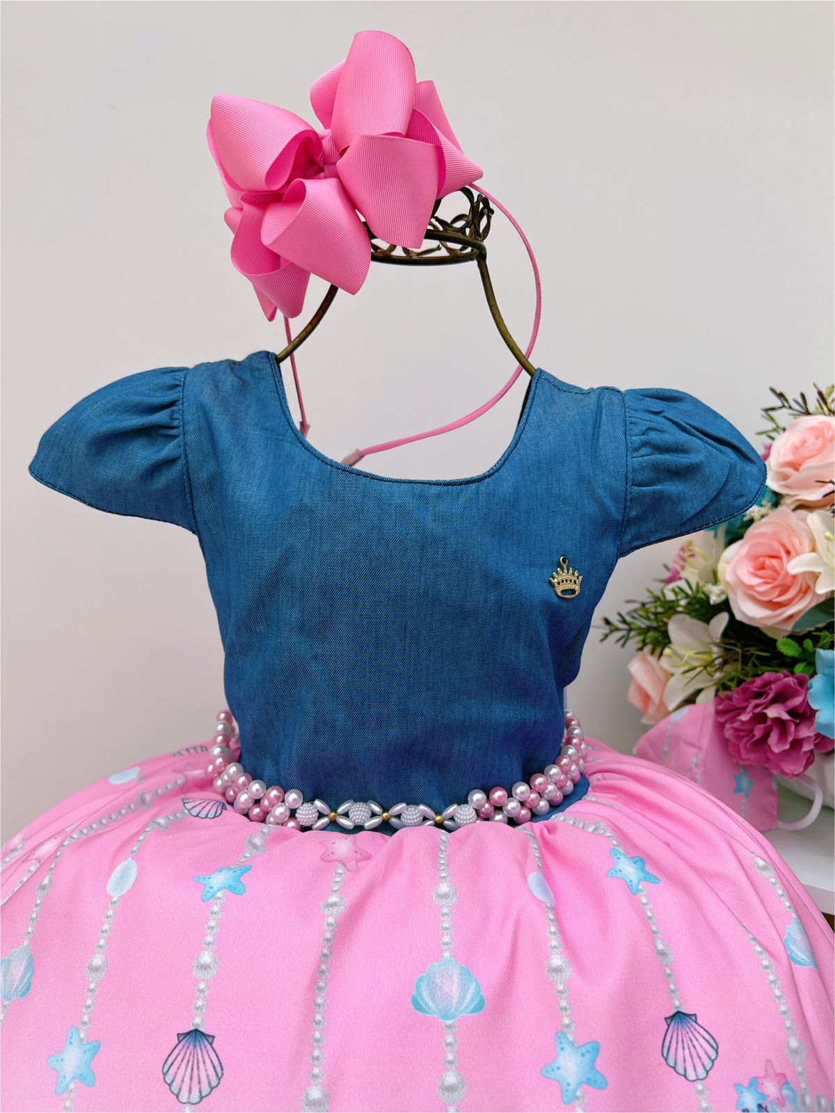 Vestido Infantil Rosa Sereia Peito Jeans Com Cinto P Rolas Rosa Charmosa Atacado