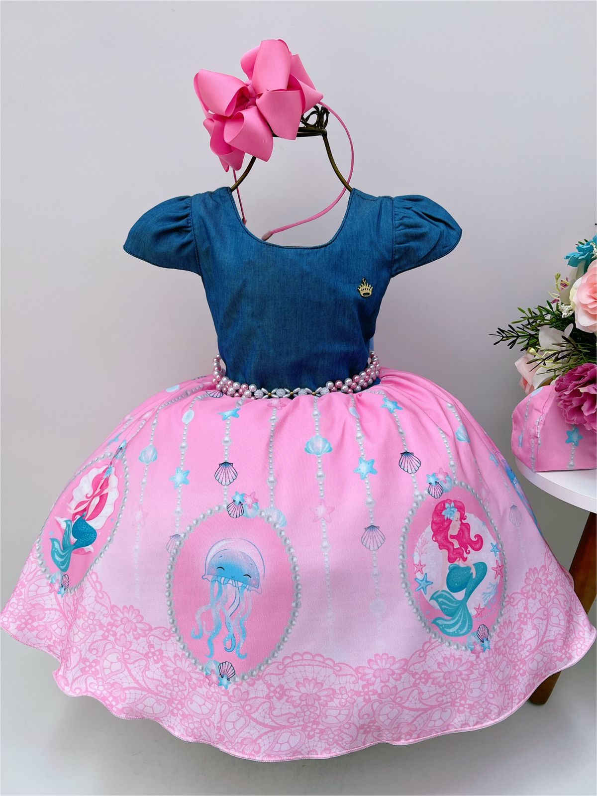 Vestido Infantil Rosa Sereia Peito Jeans Com Cinto Pérolas