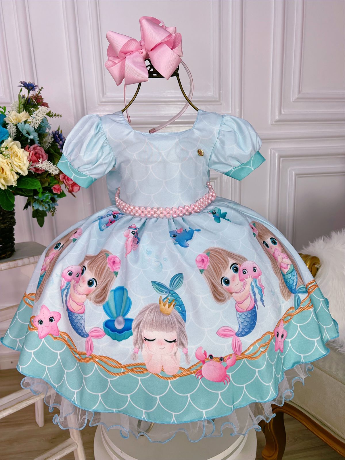 Vestido Infantil Sereia Cute C/ Cinto de Pérolas Luxo