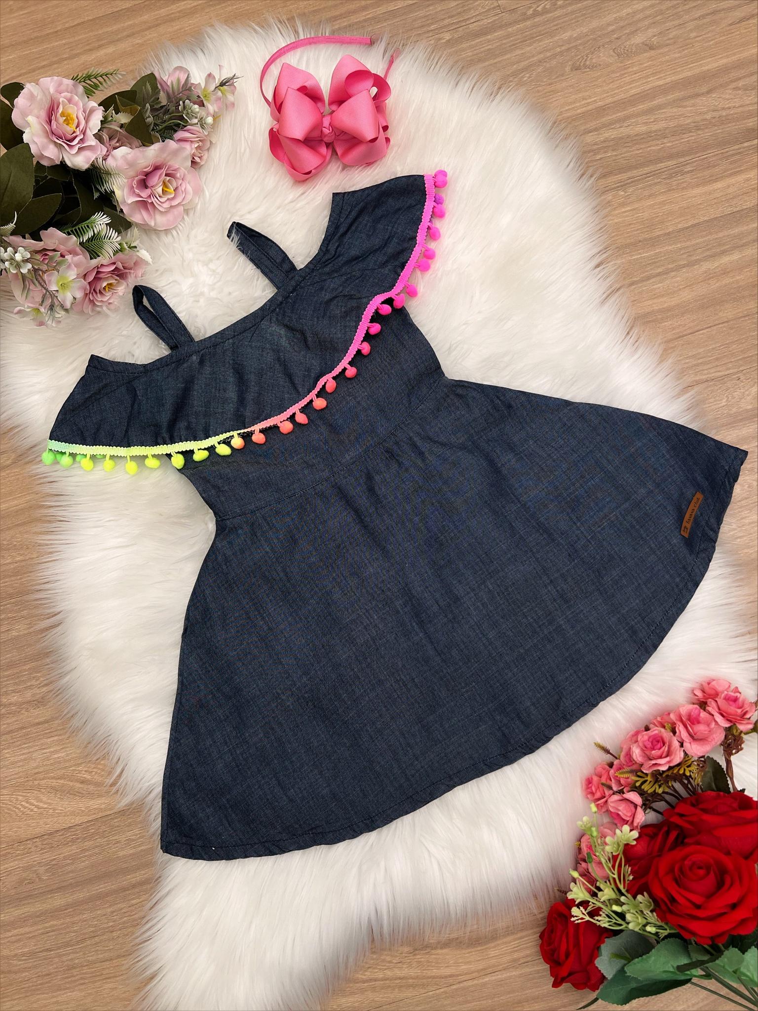 Vestido Infantil Trapézio Jeans Pompom