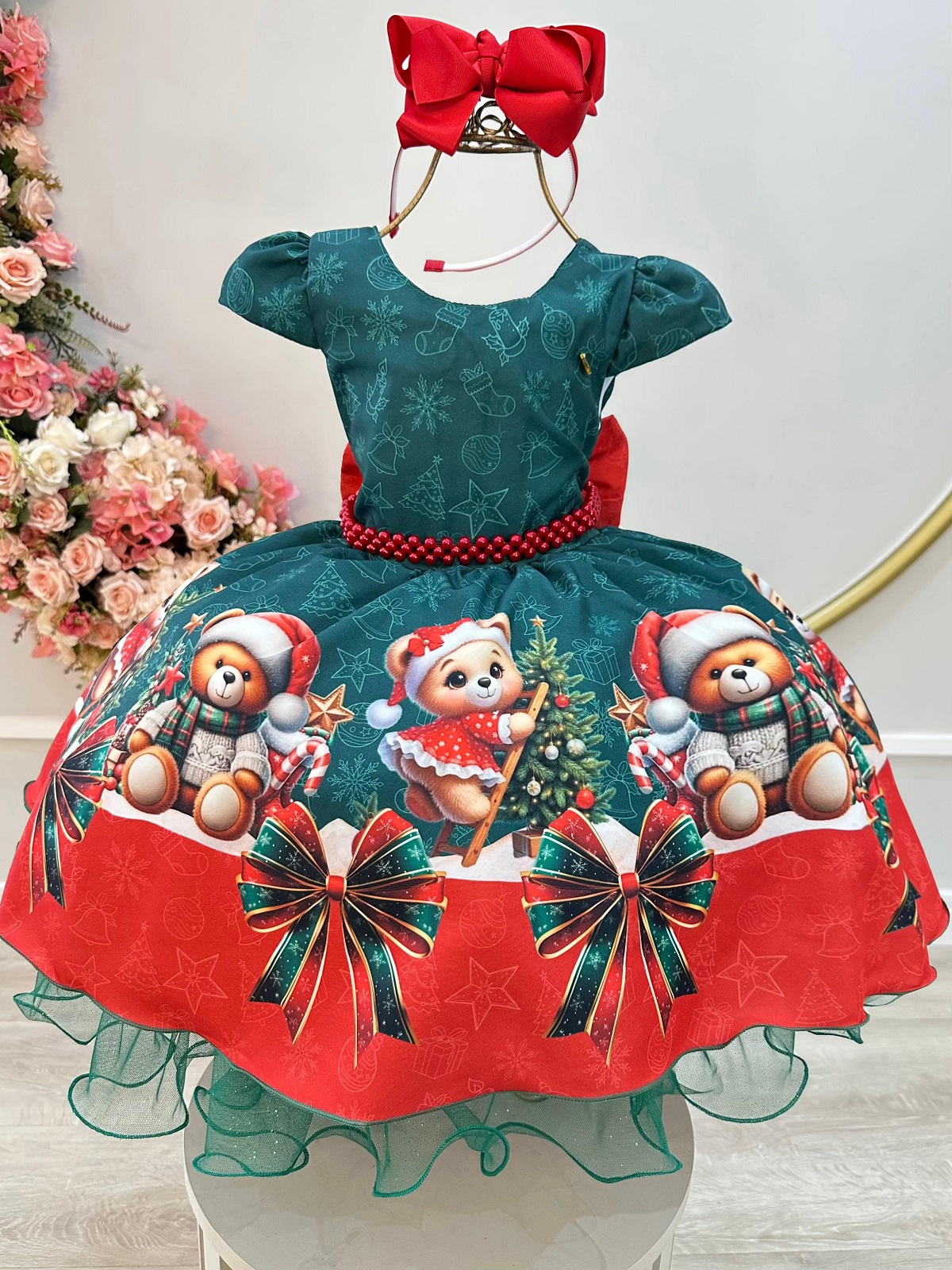 Vestido Infantil Verde Bandeira Ursinhos Festas Natal