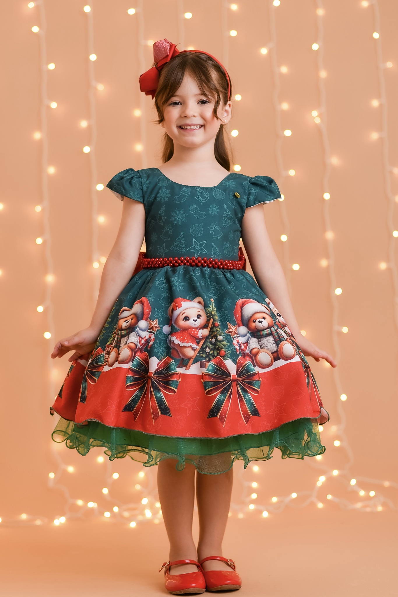 Vestido Infantil Verde Bandeira Ursinhos Festas Natal