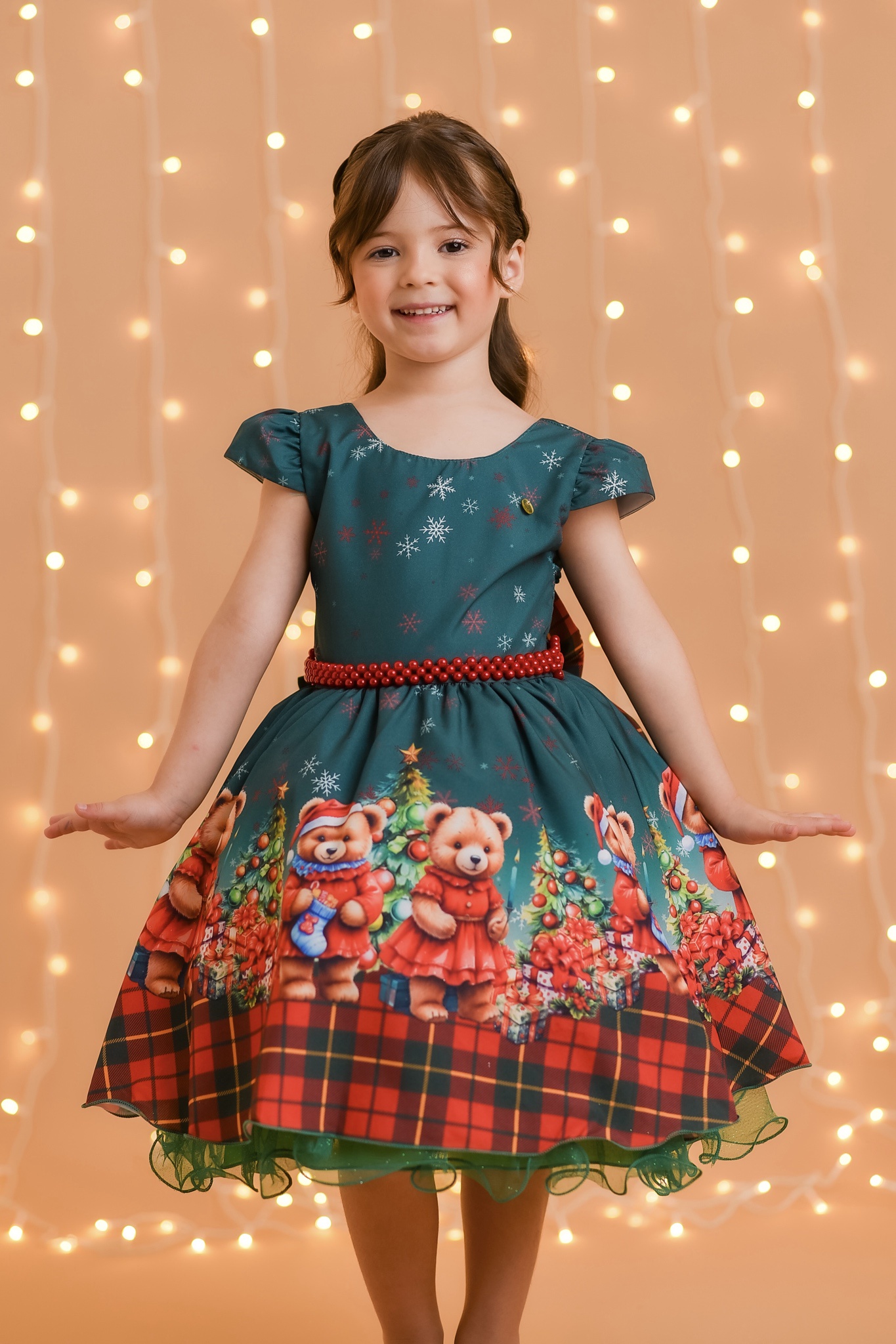 Vestido Infantil Verde Bandeira Ursinhos Natal Festas