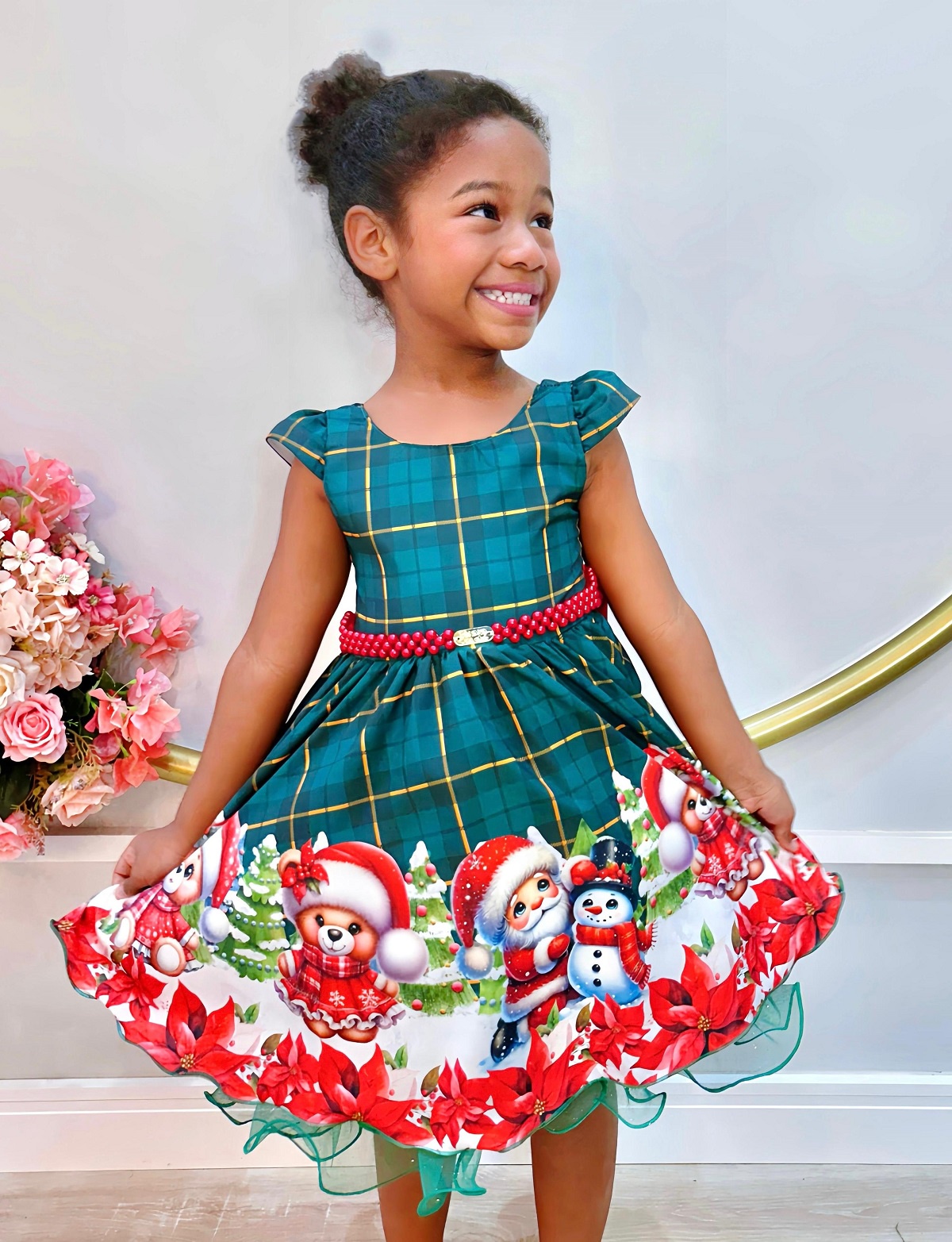 Vestido Infantil Verde Bandeira Xadrez Ursinhos Festas Natal