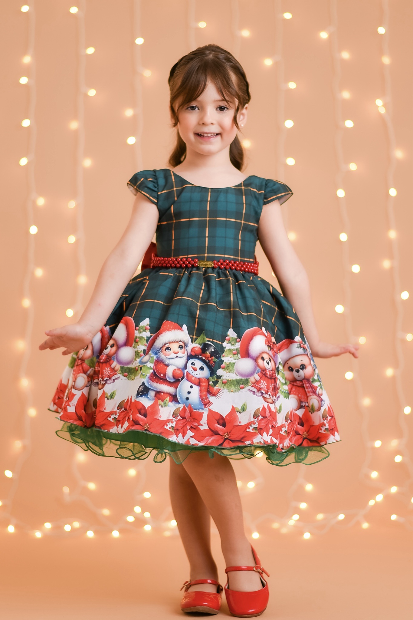 Vestido Infantil Verde Bandeira Xadrez Ursinhos Festas Natal