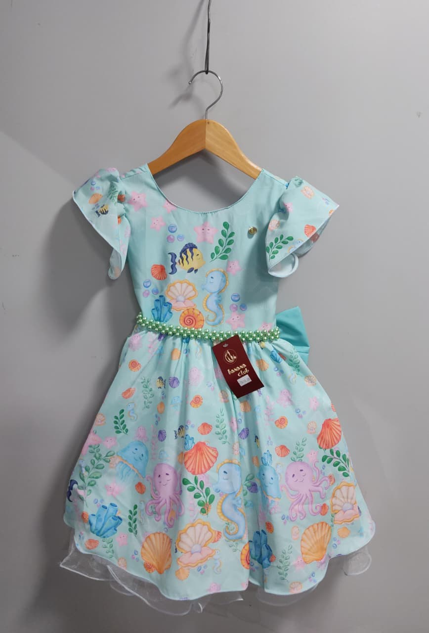 Vestido Infantil Verde Claro Fundo do Mar C/ Pérolas Festas