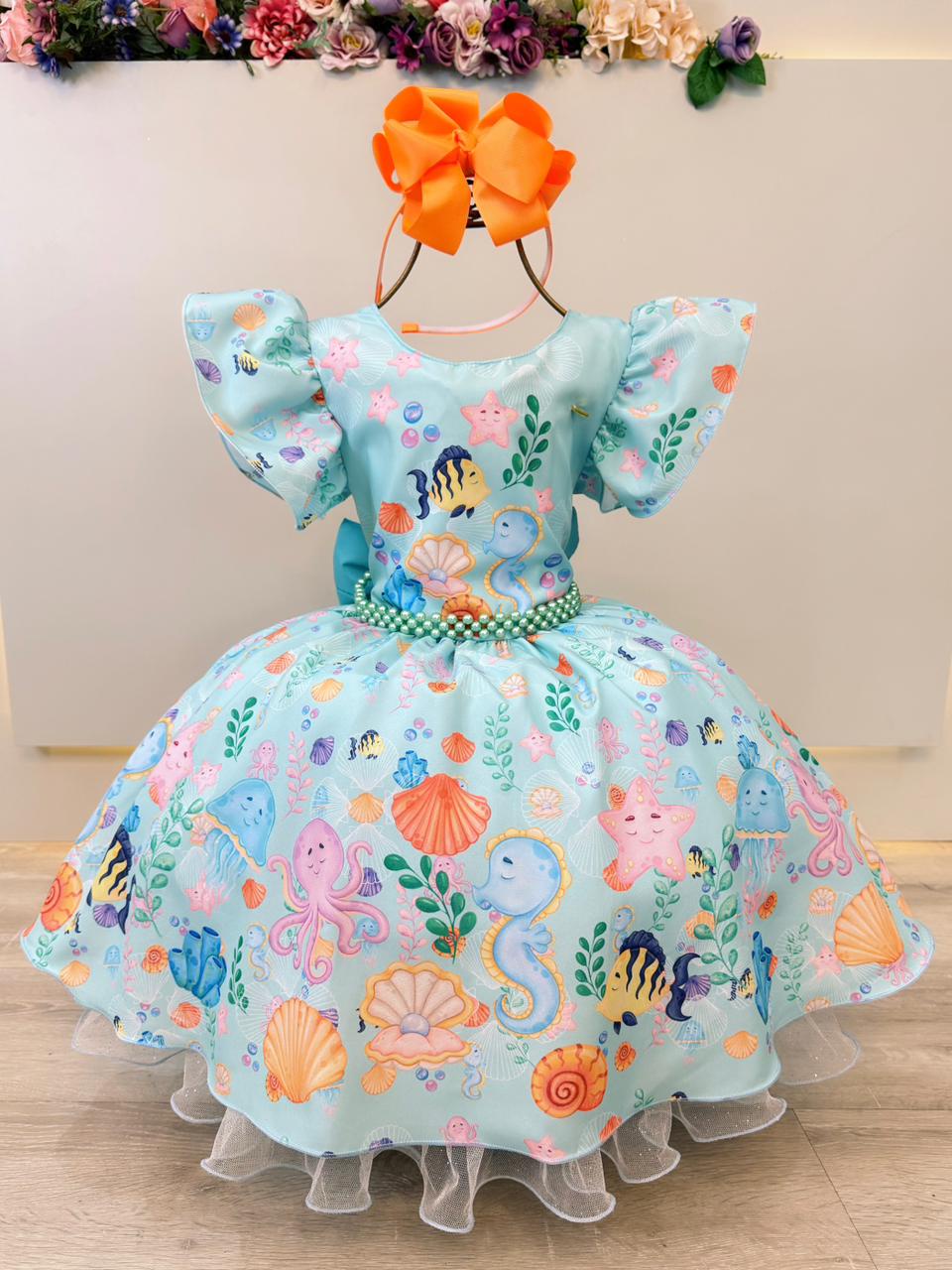 Vestido Infantil Verde Claro Fundo do Mar C/ Pérolas Festas