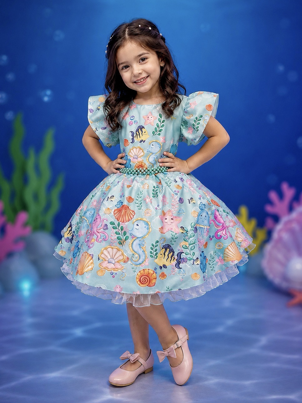 Vestido Infantil Verde Claro Fundo do Mar C/ Pérolas Festas