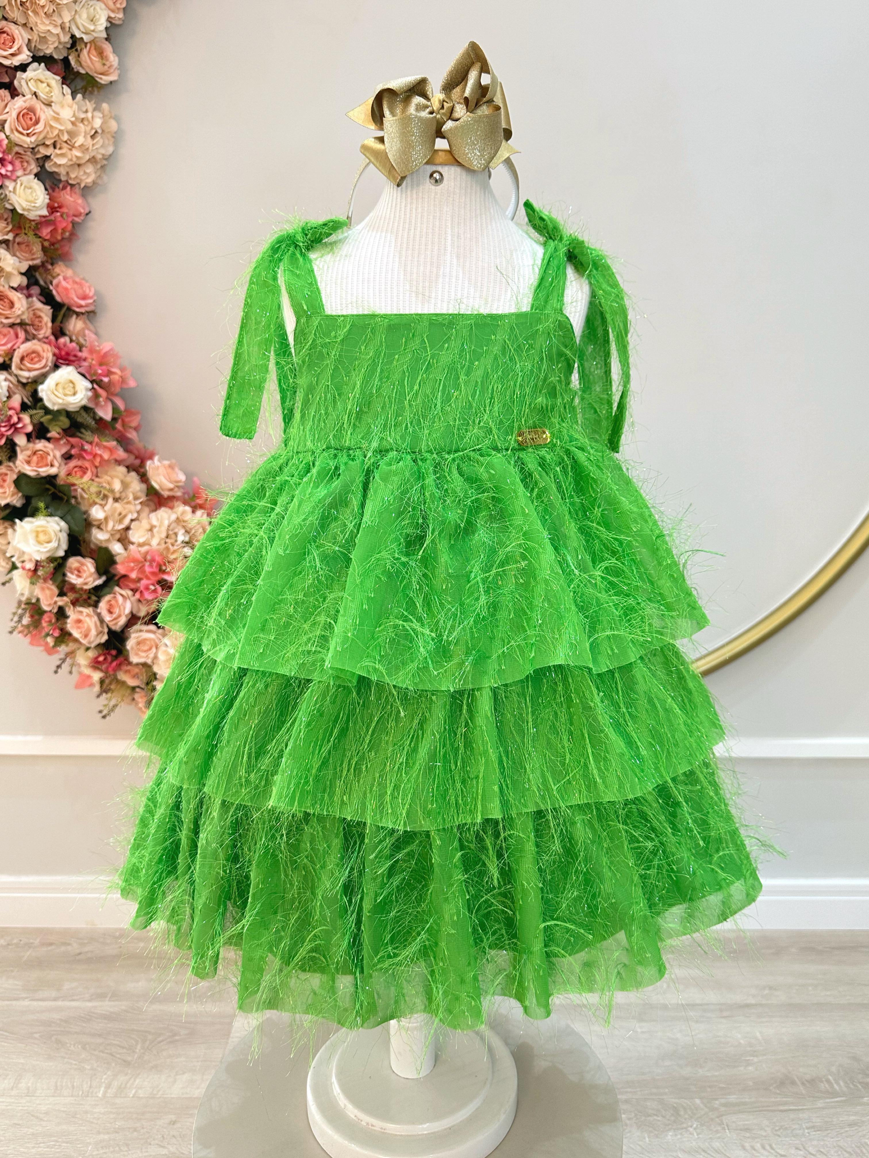 Vestido Infantil Verde de Alça e Com Plumas Luxo