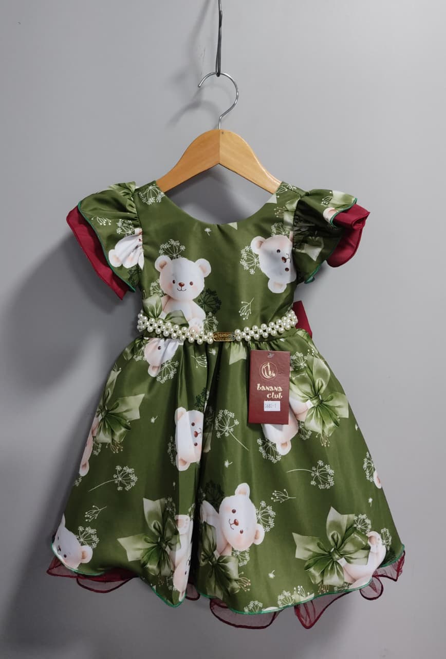 Vestido Infantil Verde e Marsala Ursinhos Festas Natal Luxo