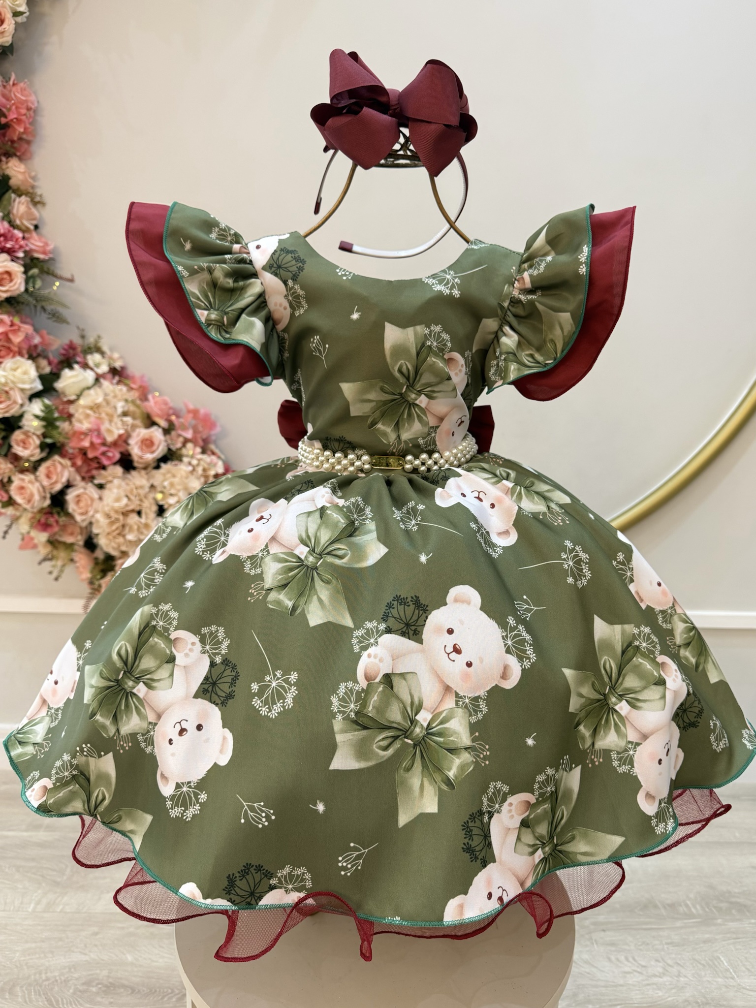 Vestido Infantil Verde e Marsala Ursinhos Festas Natal Luxo