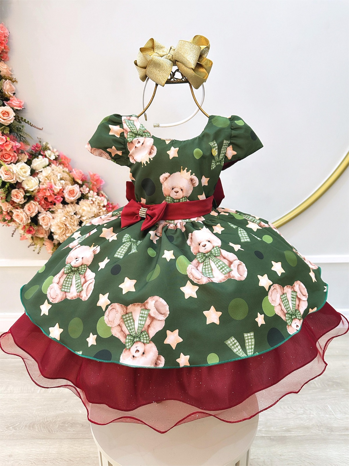 Vestido Infantil Verde e Marsala Ursinhos Natal Festas