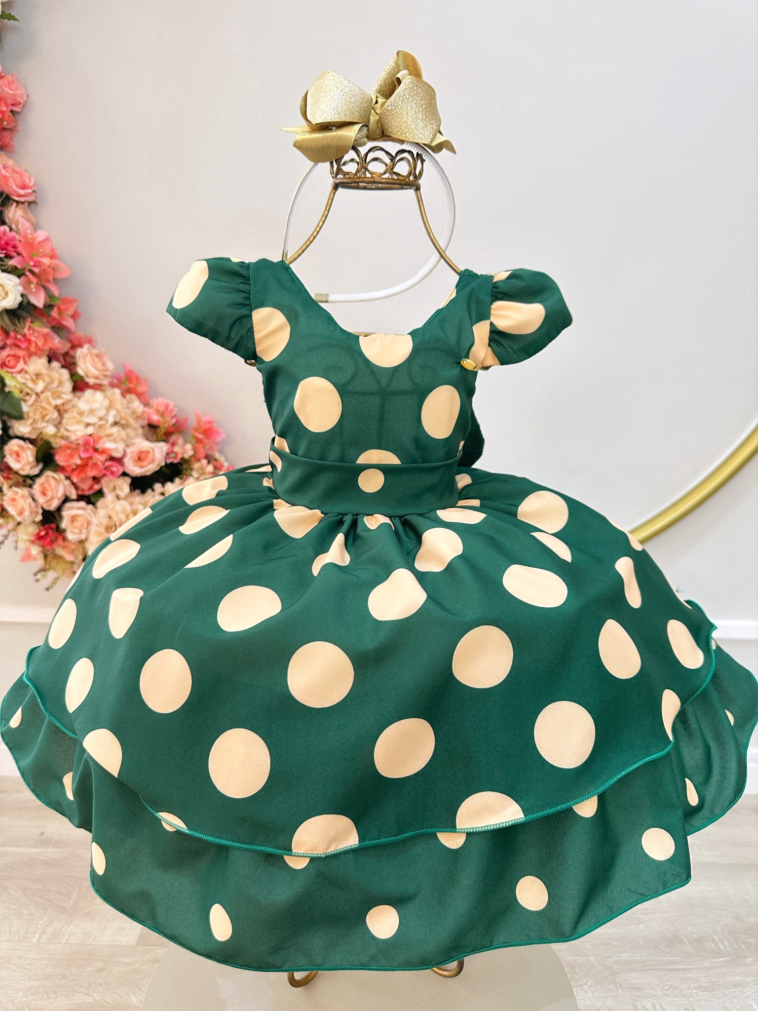 Vestido Infantil Verde Militar C/ Broche de Flor Festas