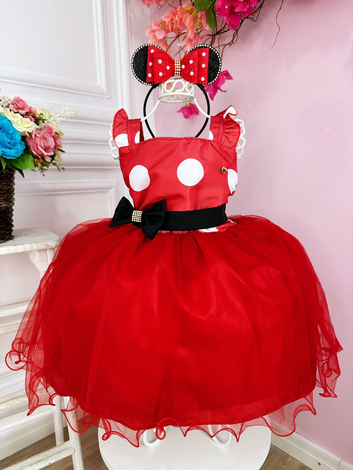 Vestido Infantil Vermelho Bolinhas C/ Broche Strass Luxo