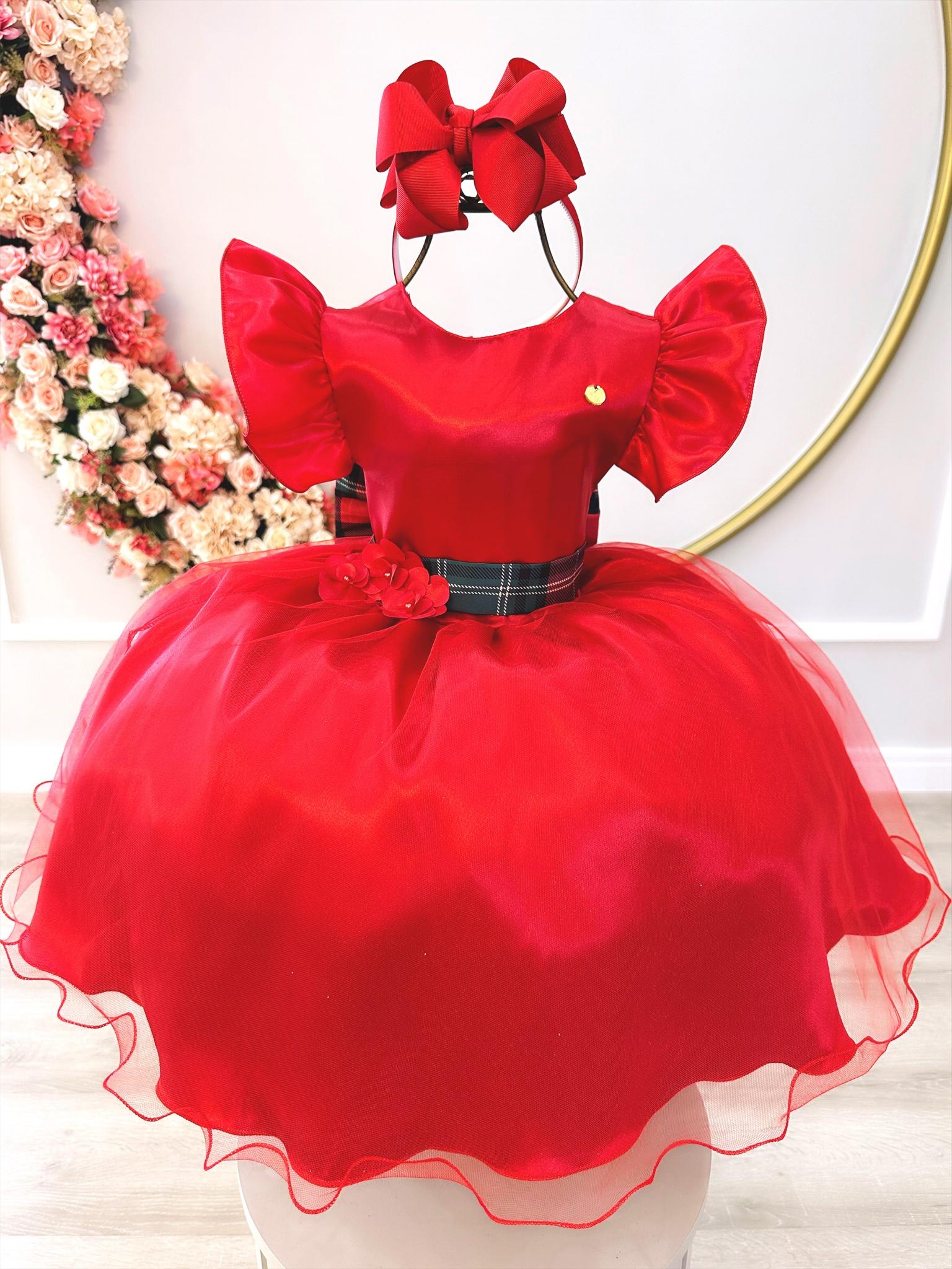 Vestido Infantil Vermelho C/ Broche de Flores Festas Natal