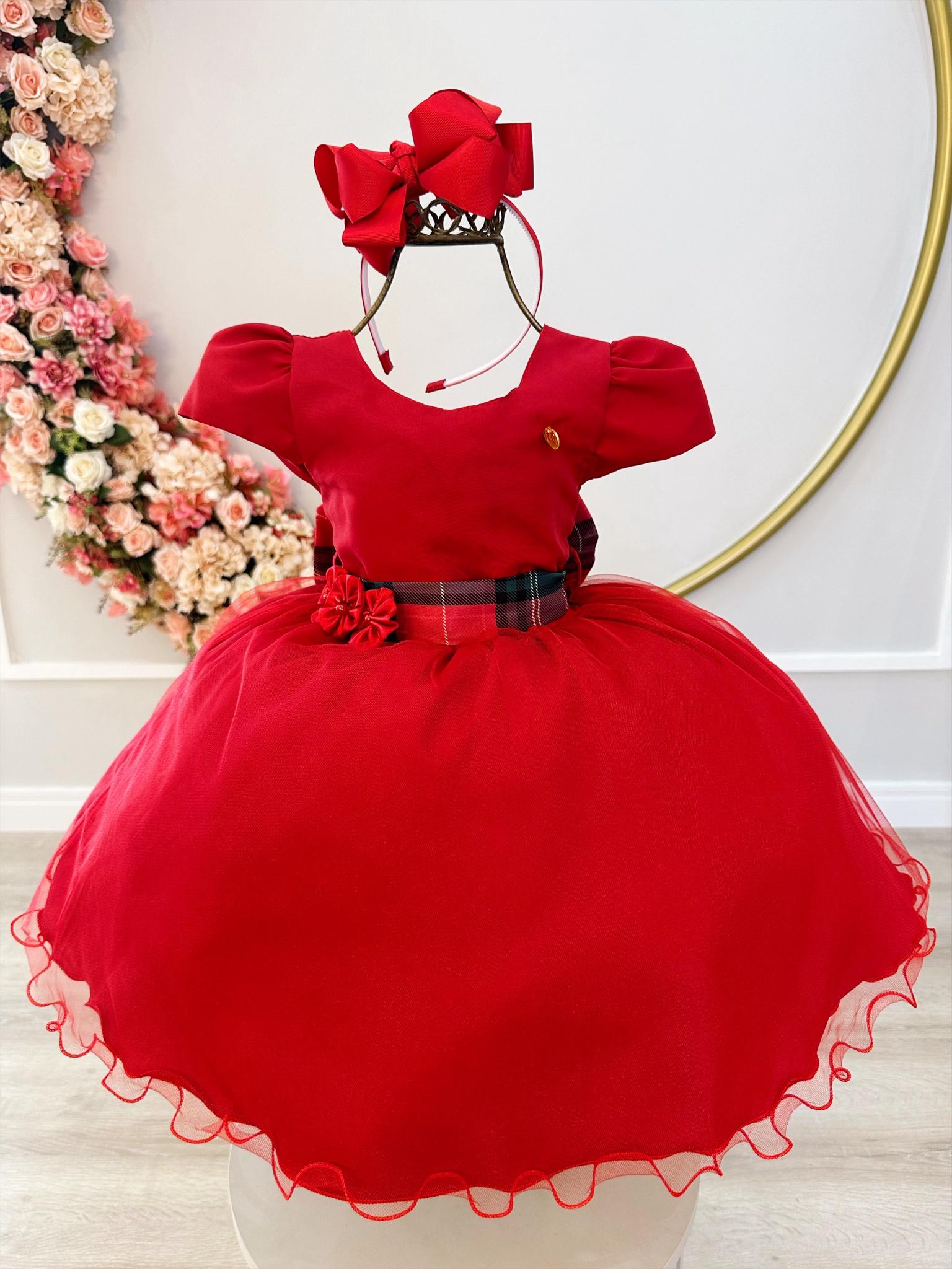 Vestido Infantil Vermelho C/ Broche de Flores Natal Festas
