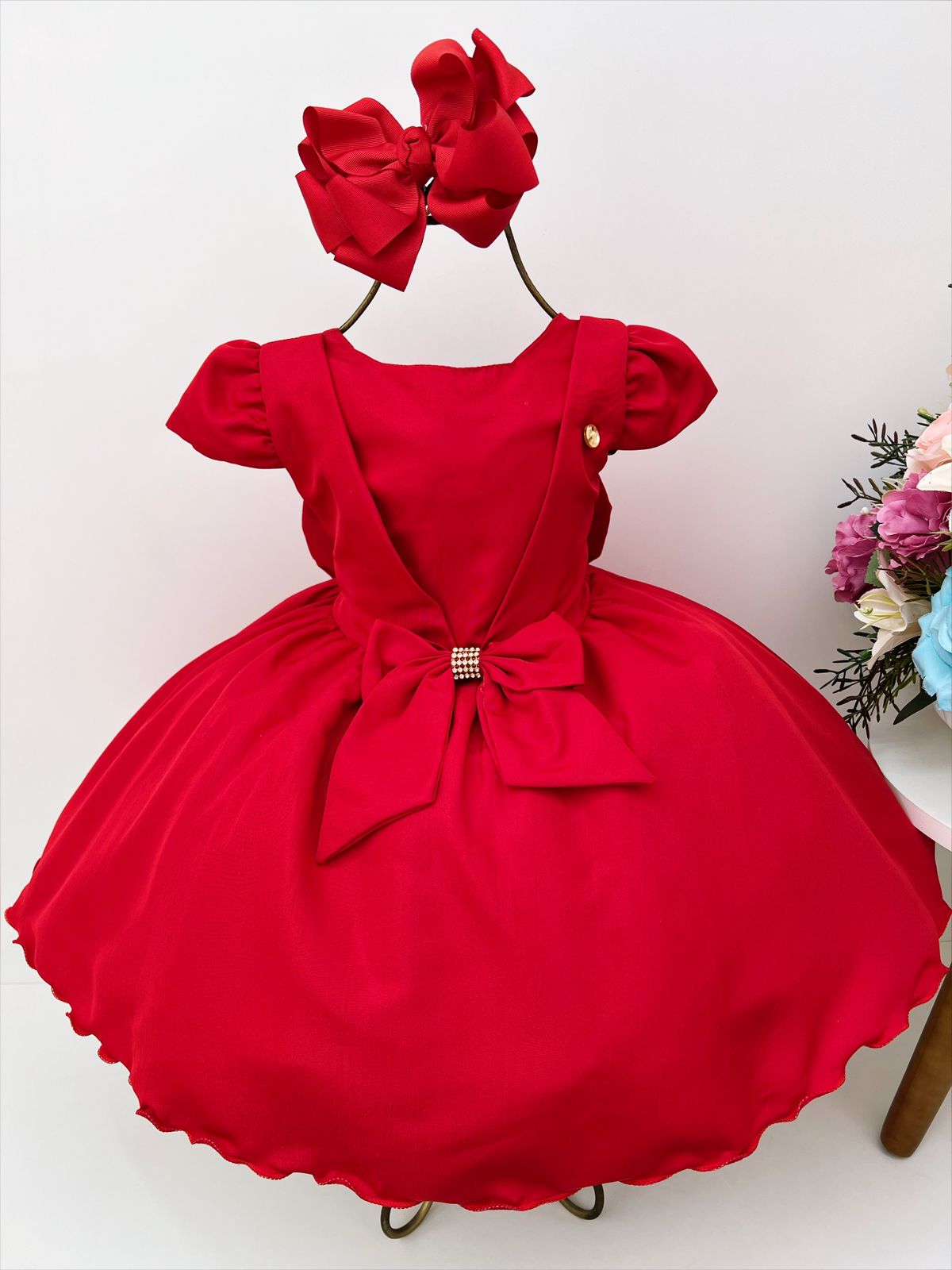 Vestido Infantil Vermelho C/ Laço Strass Luxo
