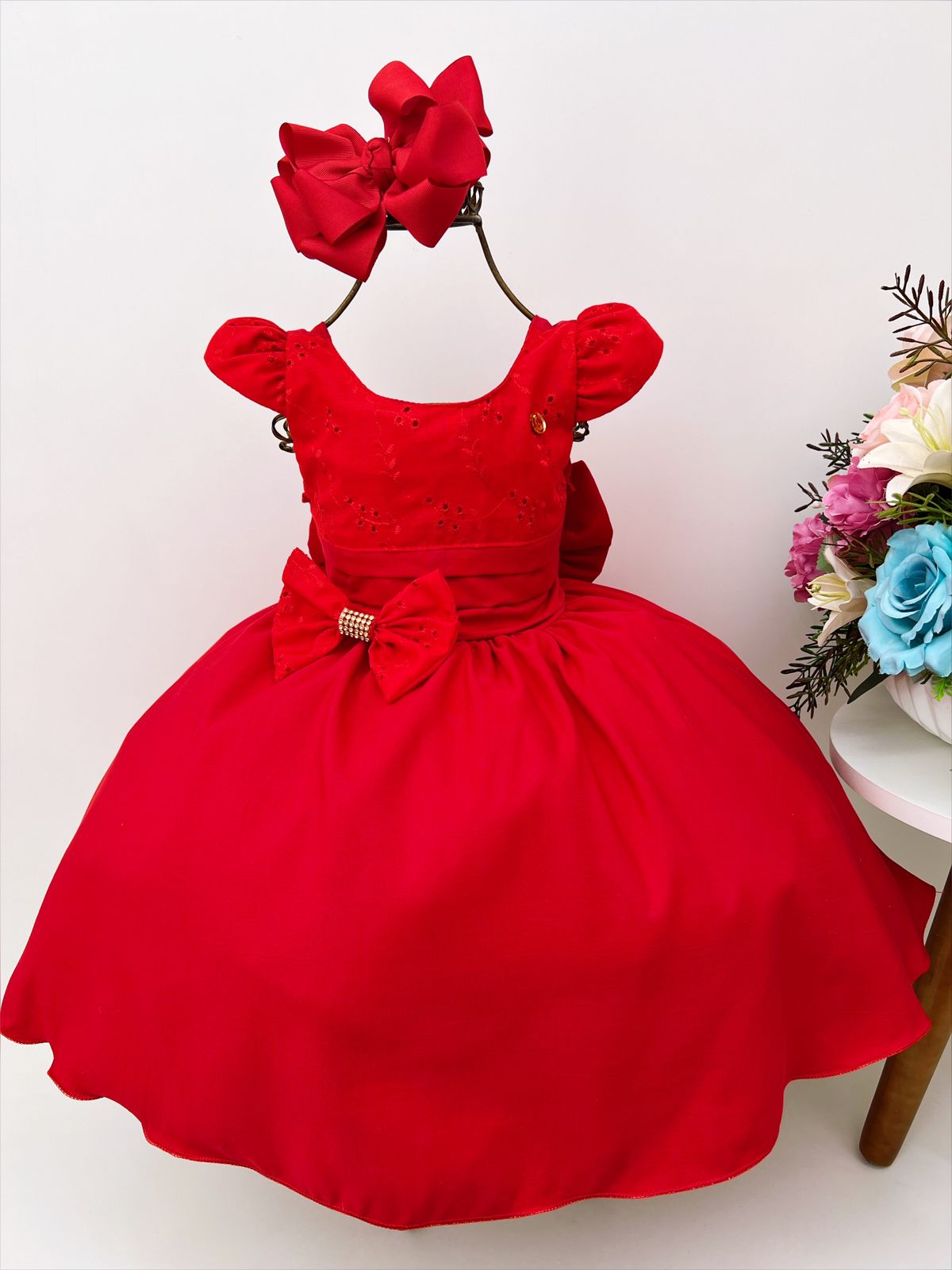 Vestido Infantil Vermelho C/ Renda Laço Strass Luxo