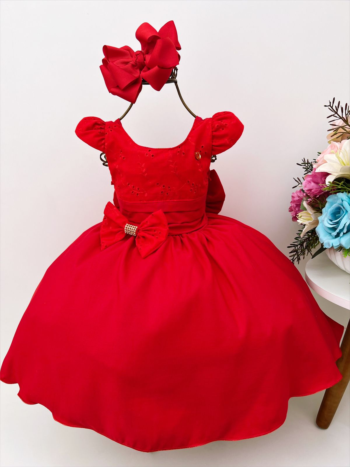 Vestido Infantil Vermelho C/ Renda Laço Strass Festas