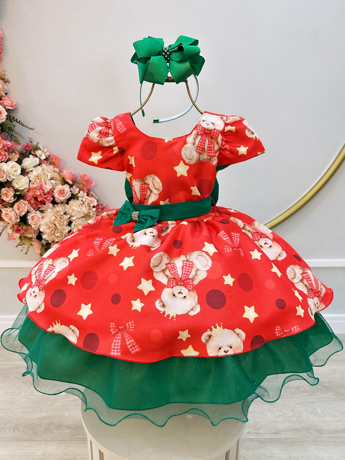 Vestido Infantil Vermelho e Verde Ursinhos Natal Festas