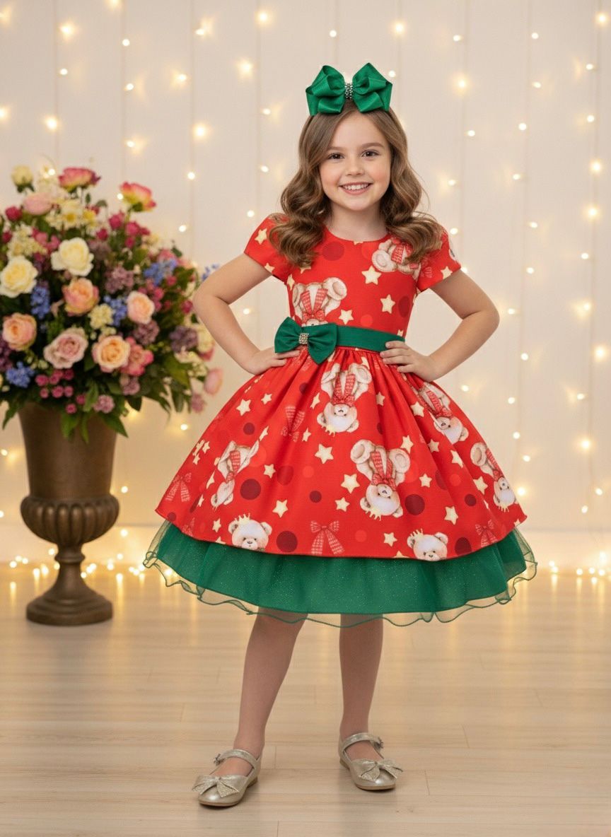 Vestido Infantil Vermelho e Verde Ursinhos Natal Festas