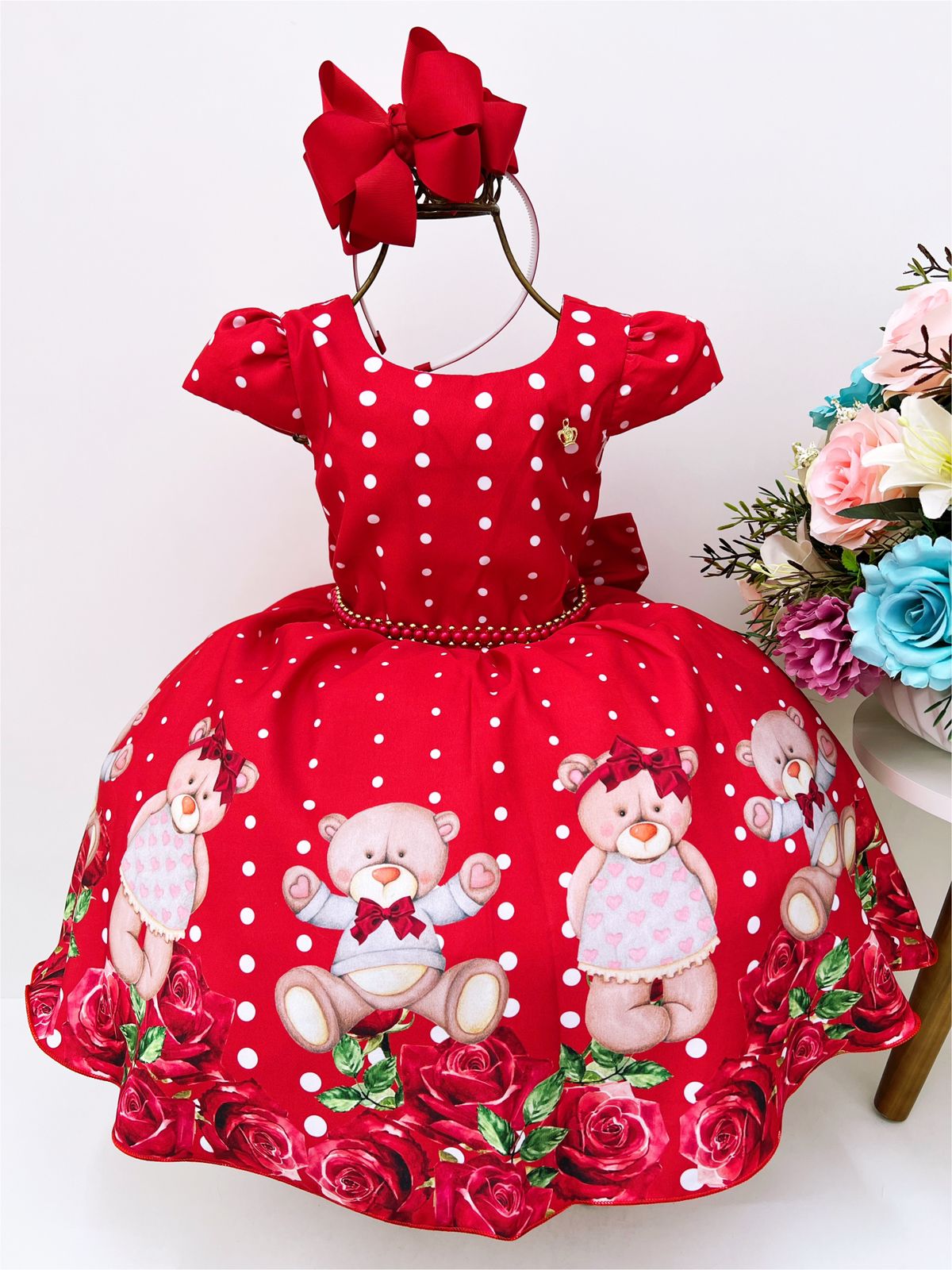 Vestido Infantil Vermelho Festas Ursinho Floral Luxo