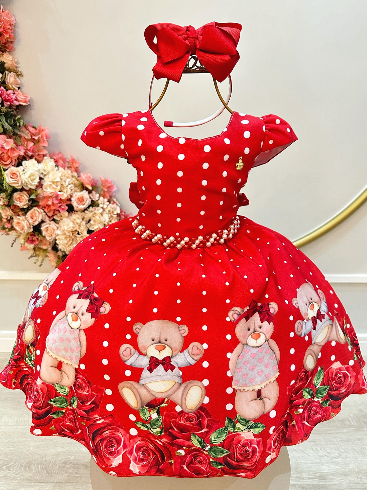 Vestido Infantil Vermelho Festas Ursinho Floral Luxo