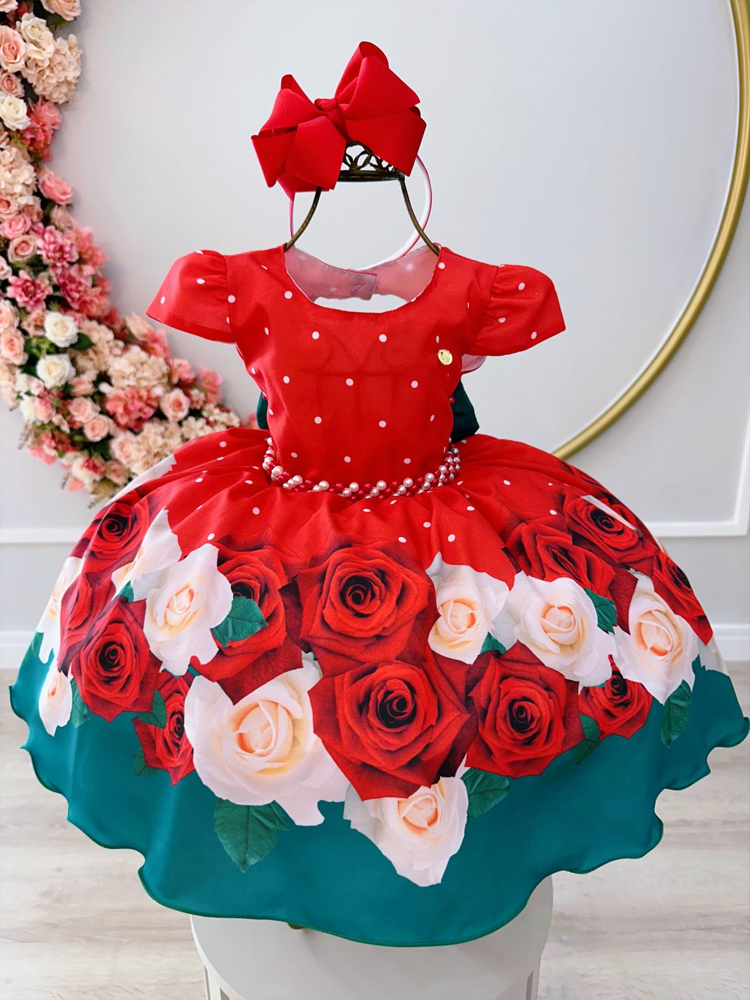 Vestido Infantil Vermelho Florido Com Cinto de Pérolas Natal