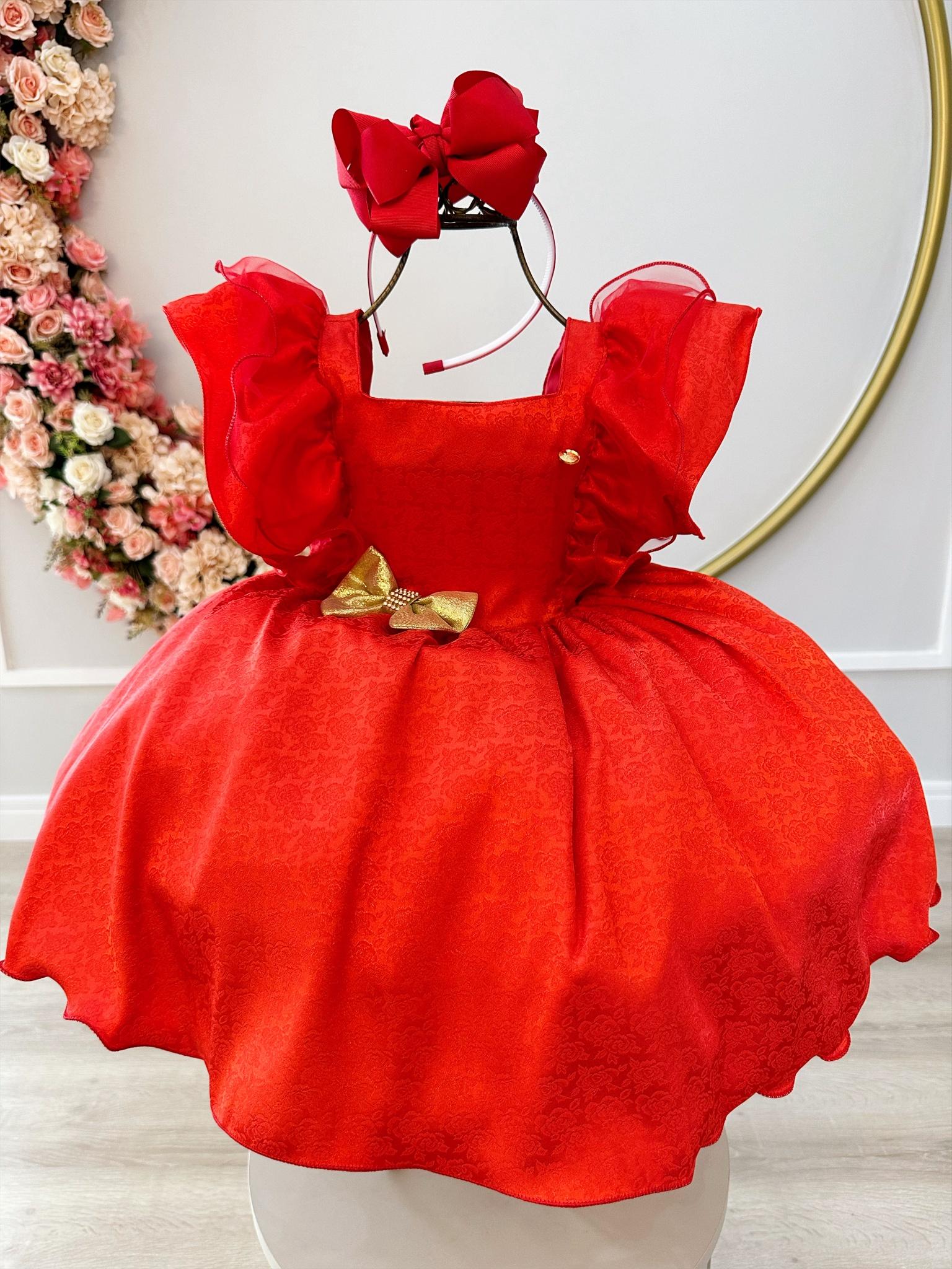 Vestido Infantil Vermelho Jacquard Broche Dourado Natal