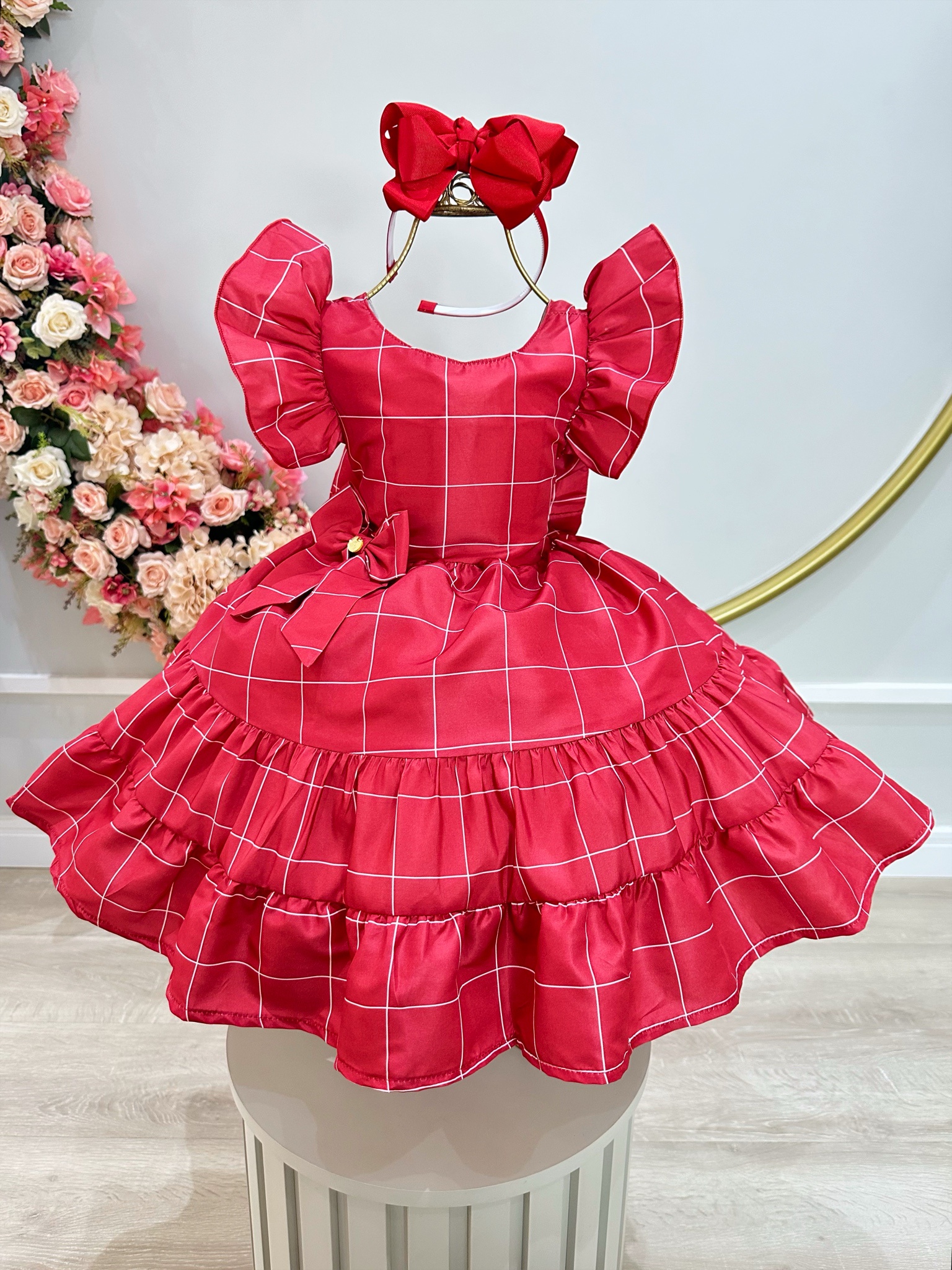 Vestido Infantil Vermelho Listras Brancas Festas Luxo