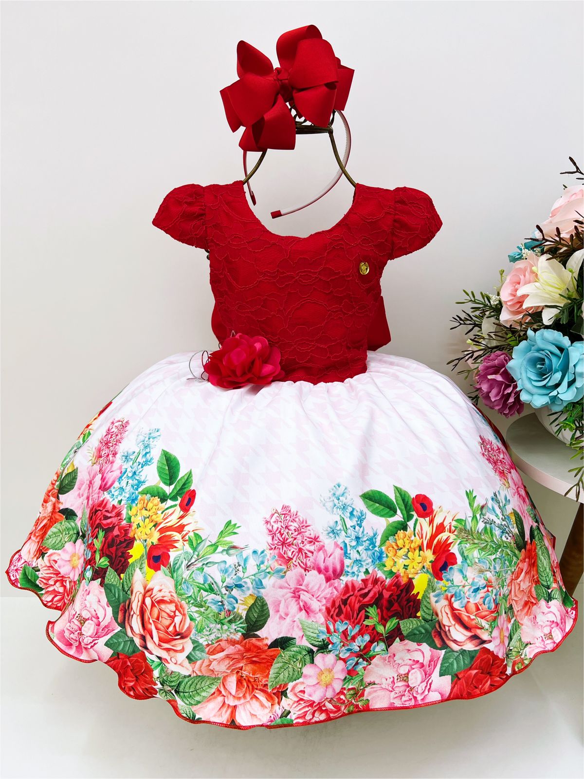 Vestido Infantil Vermelho Renda Saia Floral Branca Pérolas