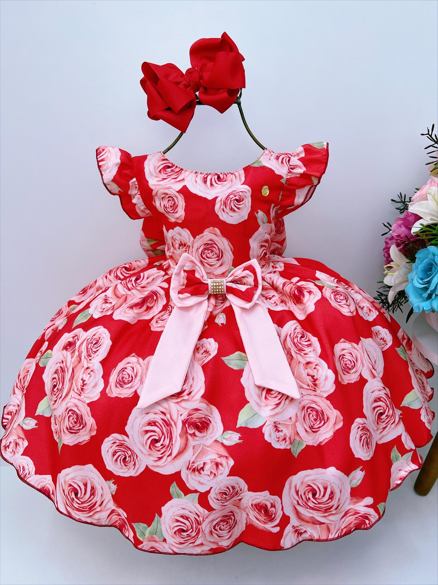 Vestido Infantil Vermelho Rosas C/ Laço Strass Luxo