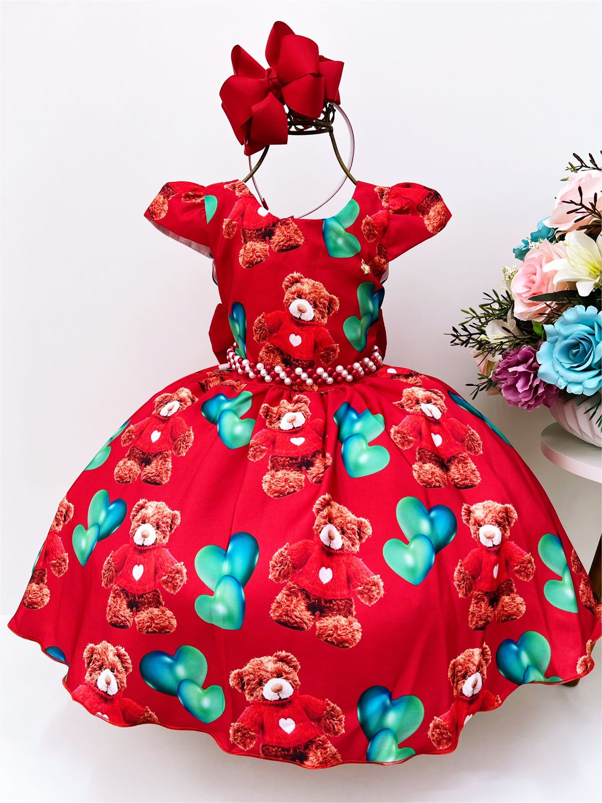 Vestido Infantil Vermelho Ursinho e Corações Festas Luxo
