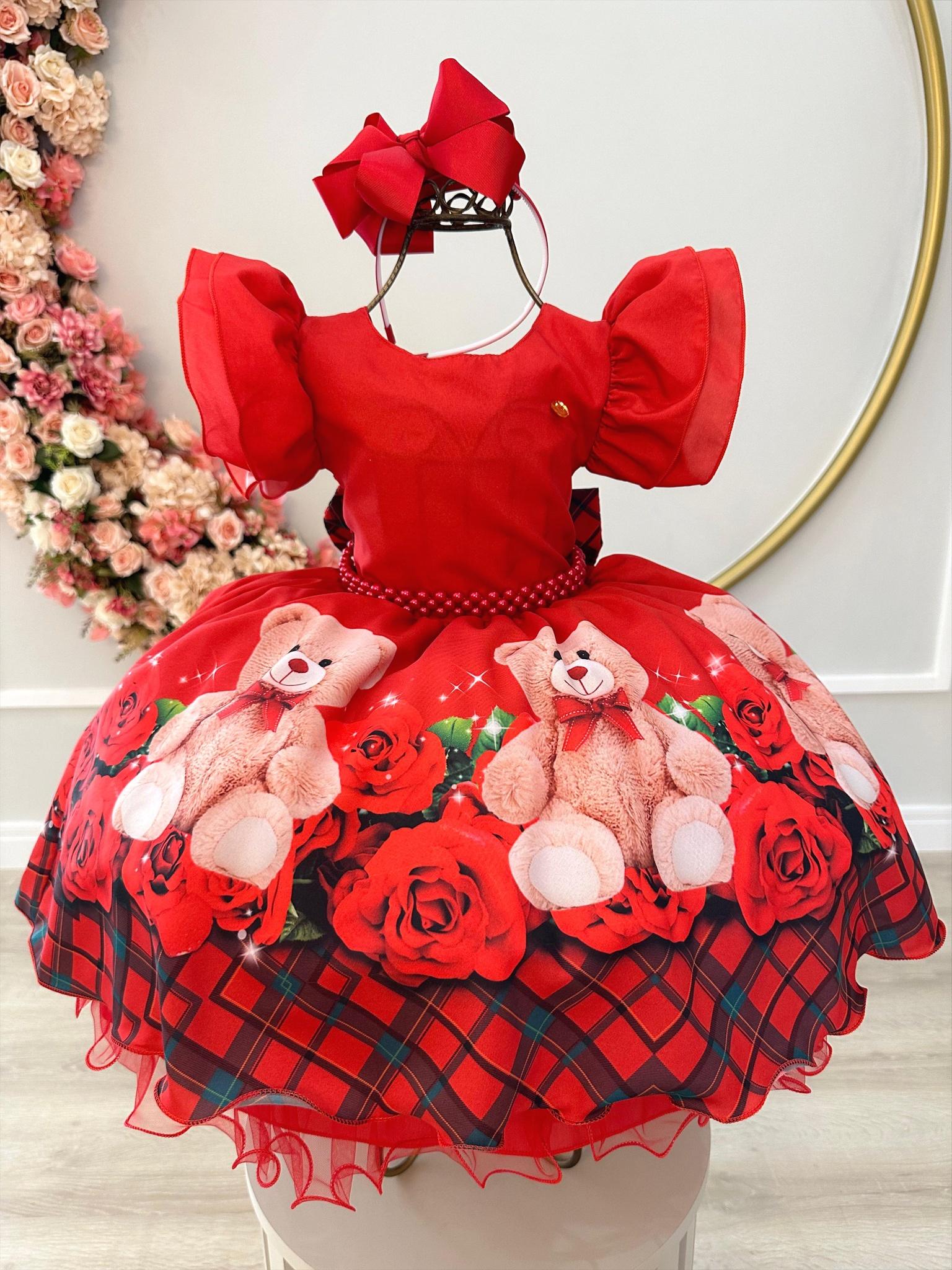 Vestido Infantil Vermelho Ursinho Florido C/ Pérolas Festas
