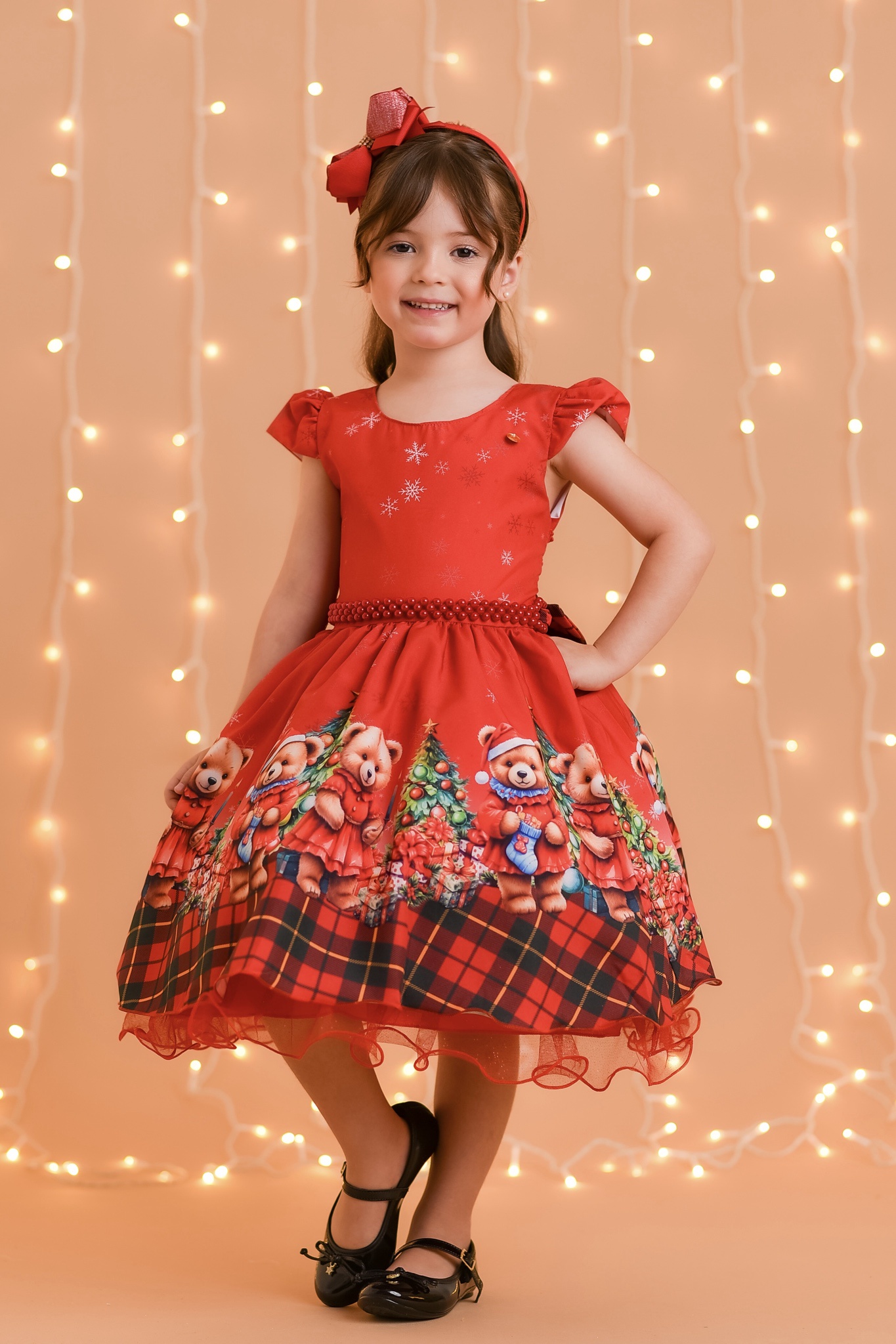 Vestido Infantil Vermelho Ursinhos Festas Natal