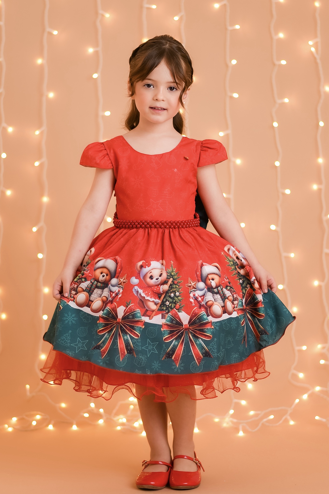 Vestido Infantil Vermelho Ursinhos Neve Festas Natal
