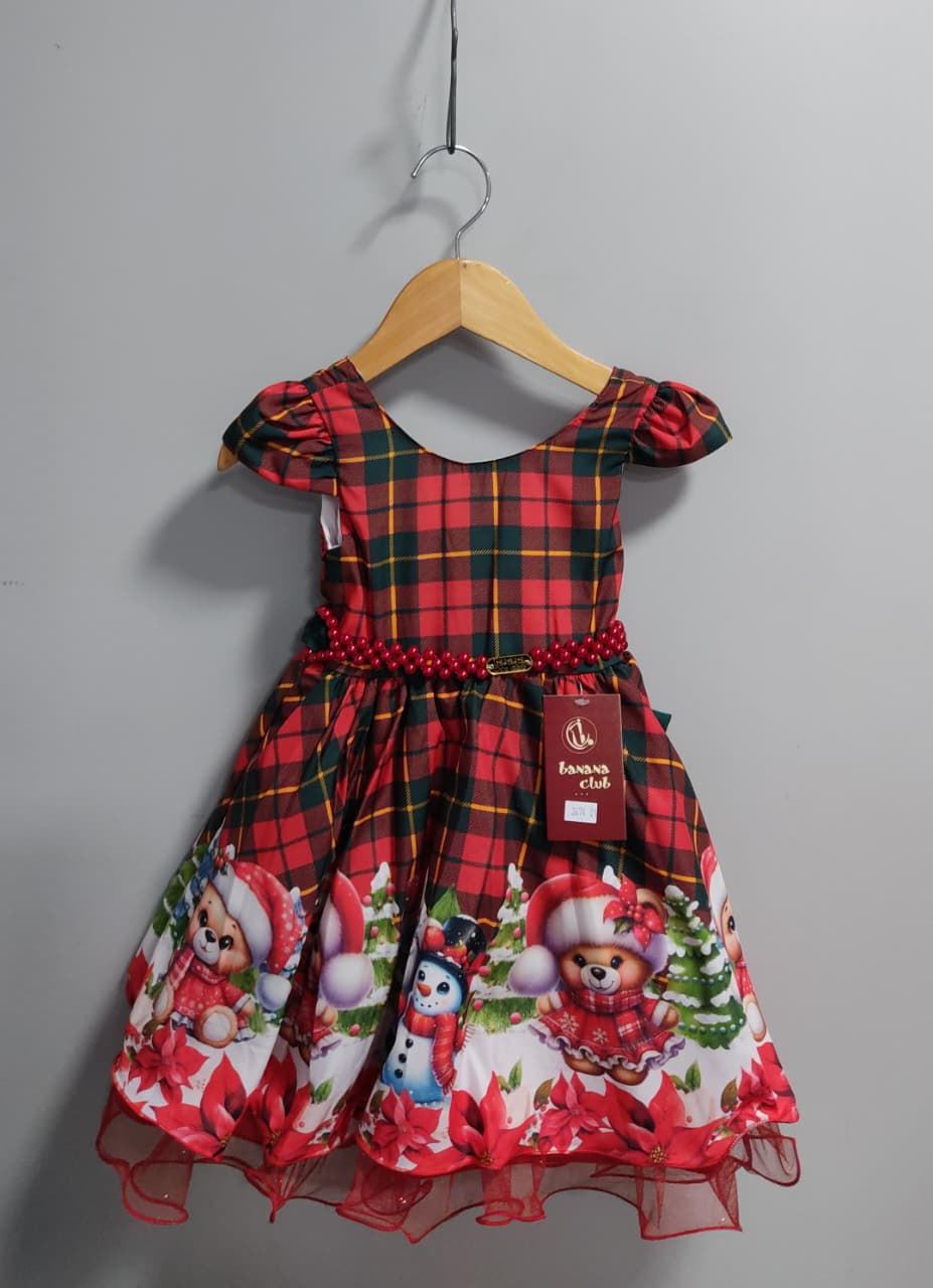 Vestido Infantil Vermelho Xadrez Ursinhos Festas Natal Luxo