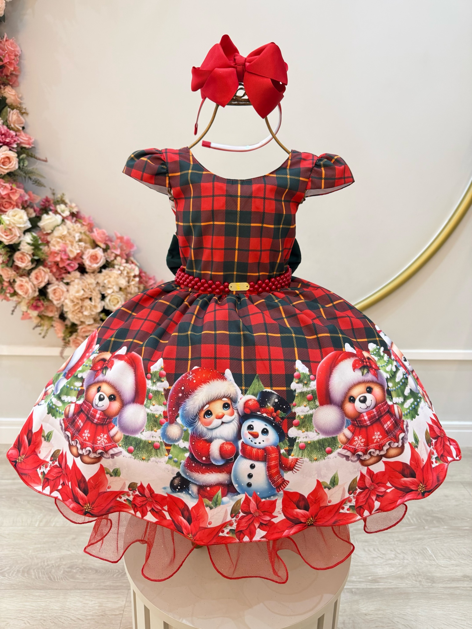 Vestido Infantil Vermelho Xadrez Ursinhos Festas Natal Luxo