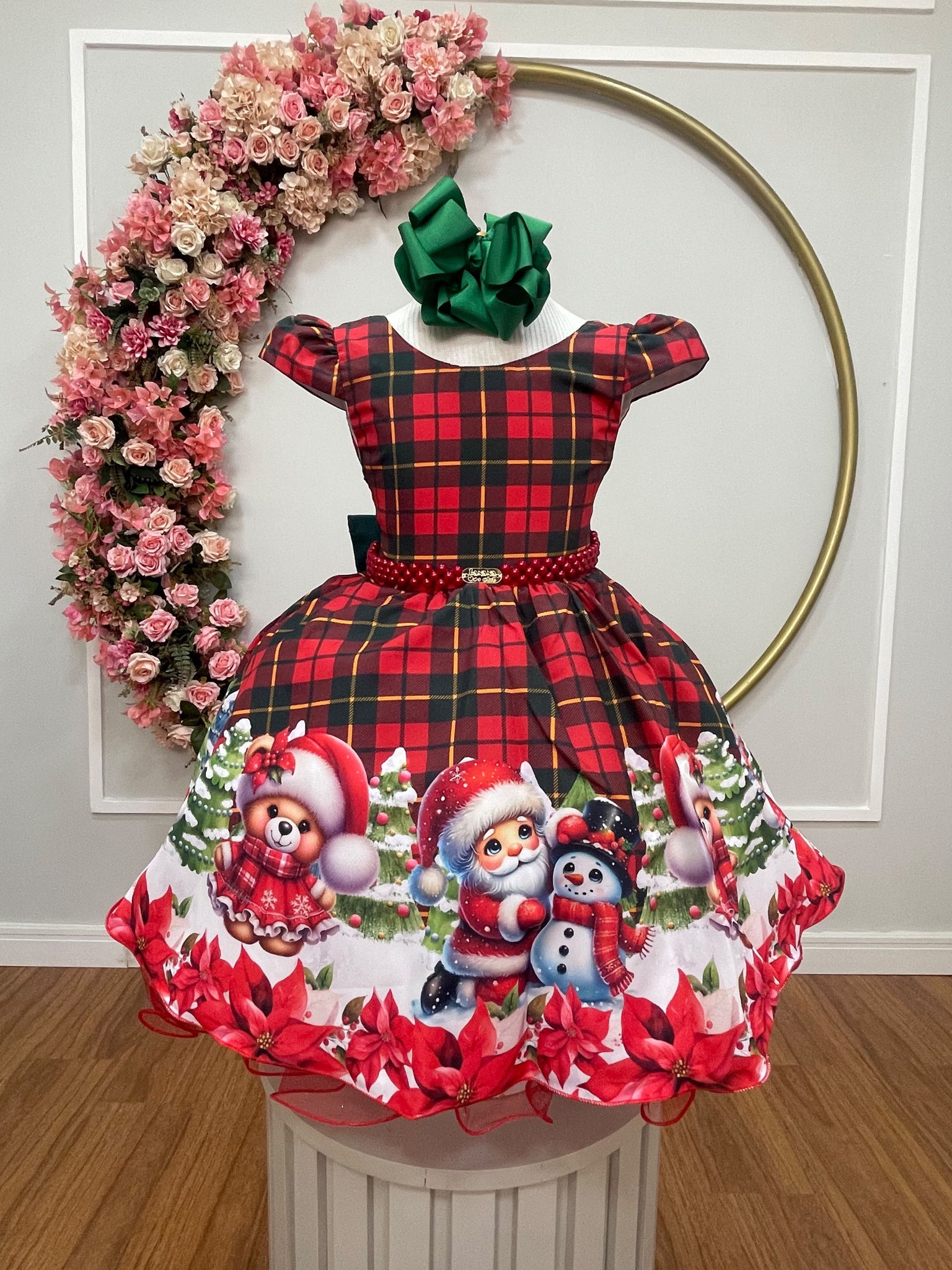 Vestido Infantil Vermelho Xadrez Ursinhos Festas Natal Luxo