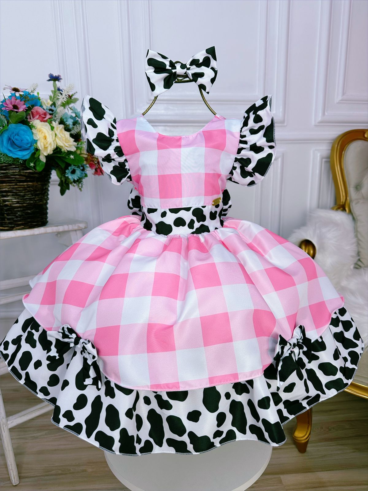 Vestido Infantil Xadrez Branco Rosa Fazendinha Vaquinha Laço