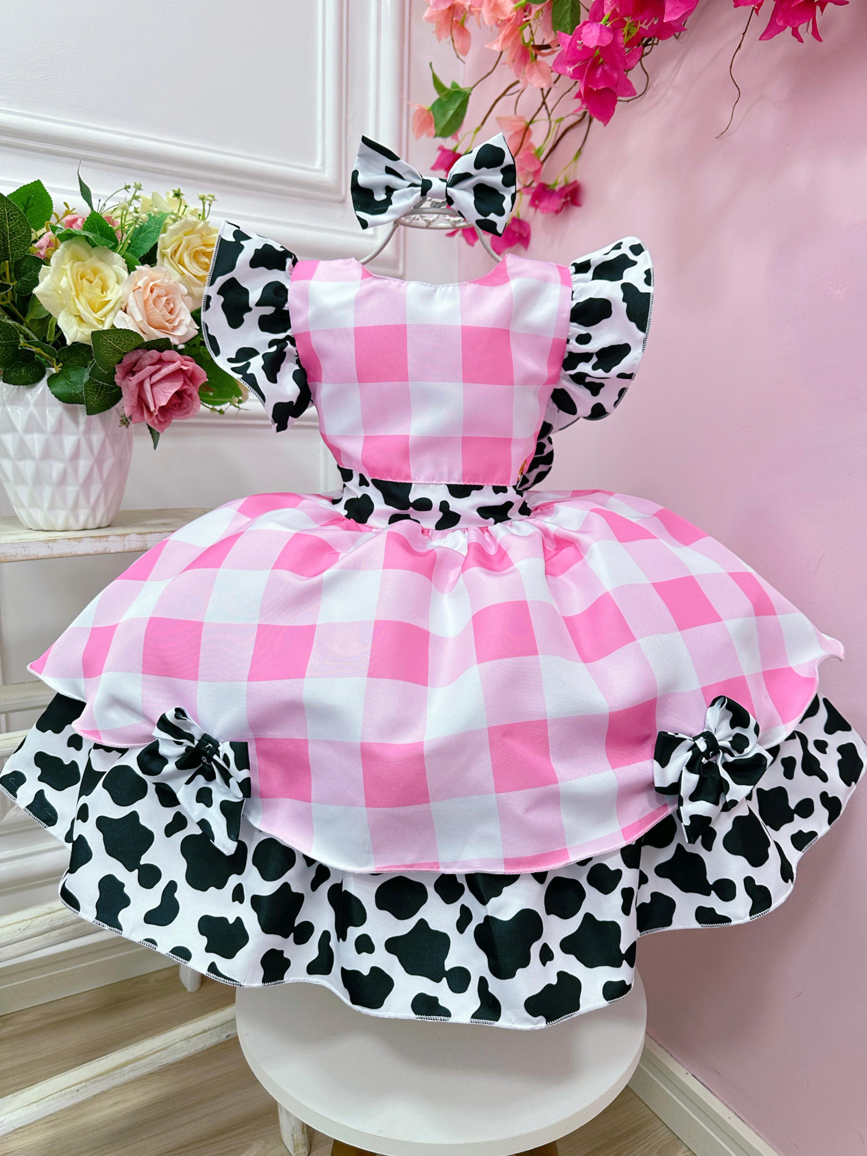 Vestido Infantil Xadrez Branco Rosa Fazendinha Vaquinha Laço